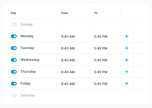 monday through friday calendar with times