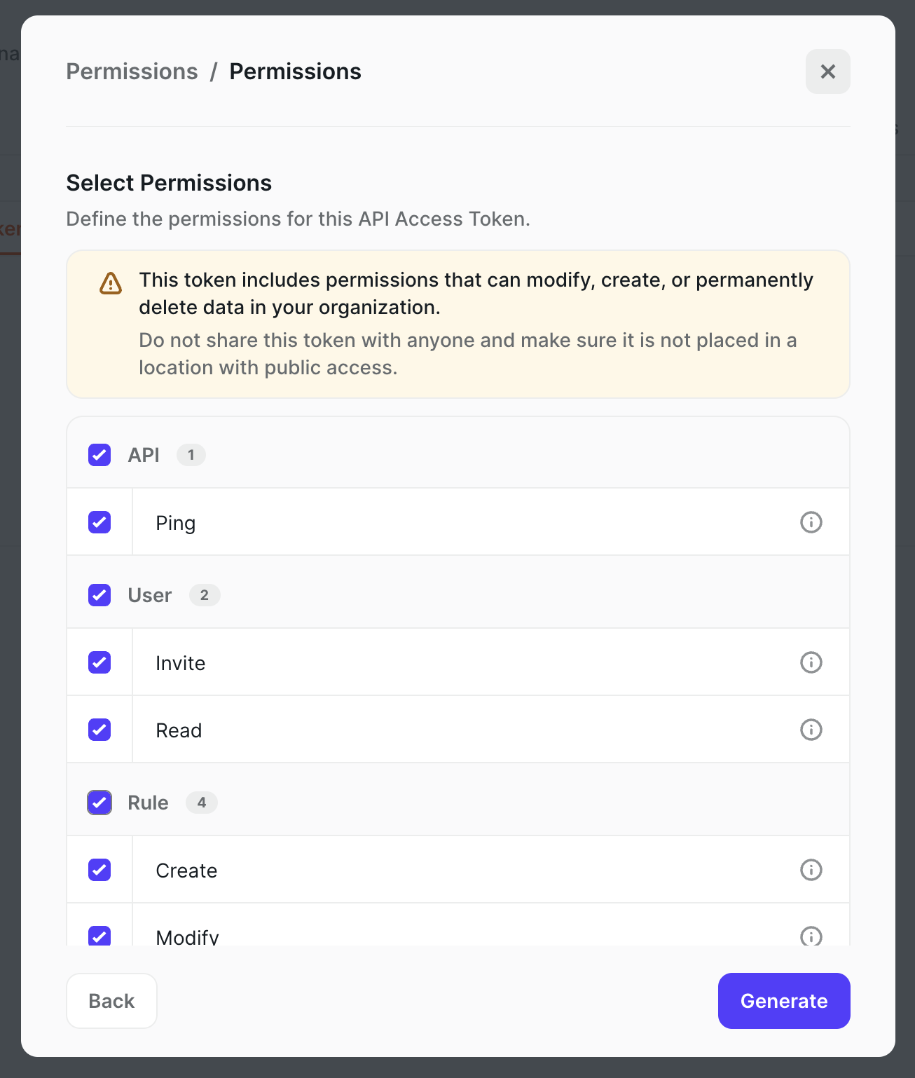 Select Permissions dialog with scope checkboxes