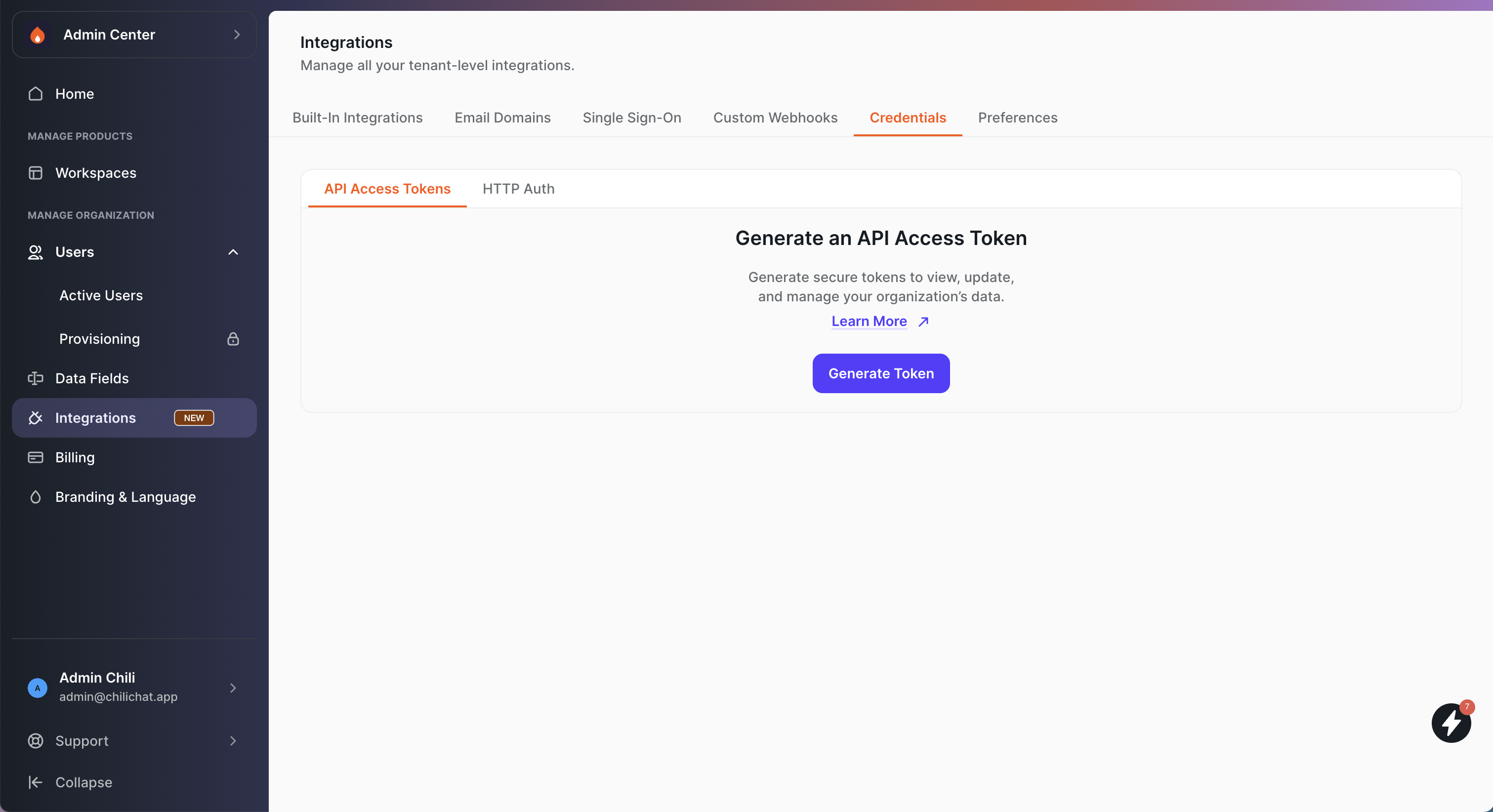 Integrations > Credentials > API Access Tokens