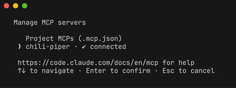 /mcp output showing chili-piper connected