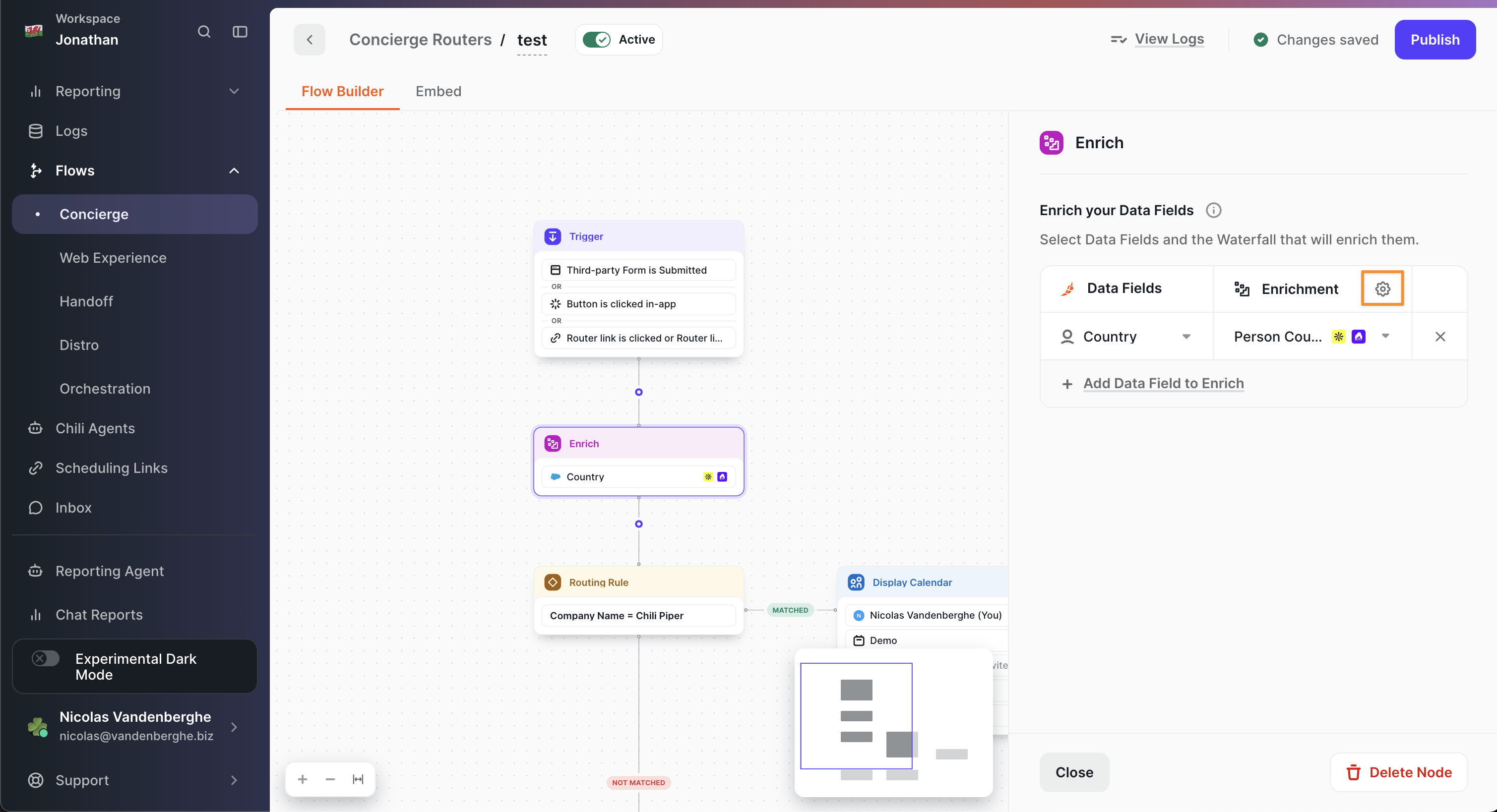 Gear icon next to the Enrichment header opens the timeout modal