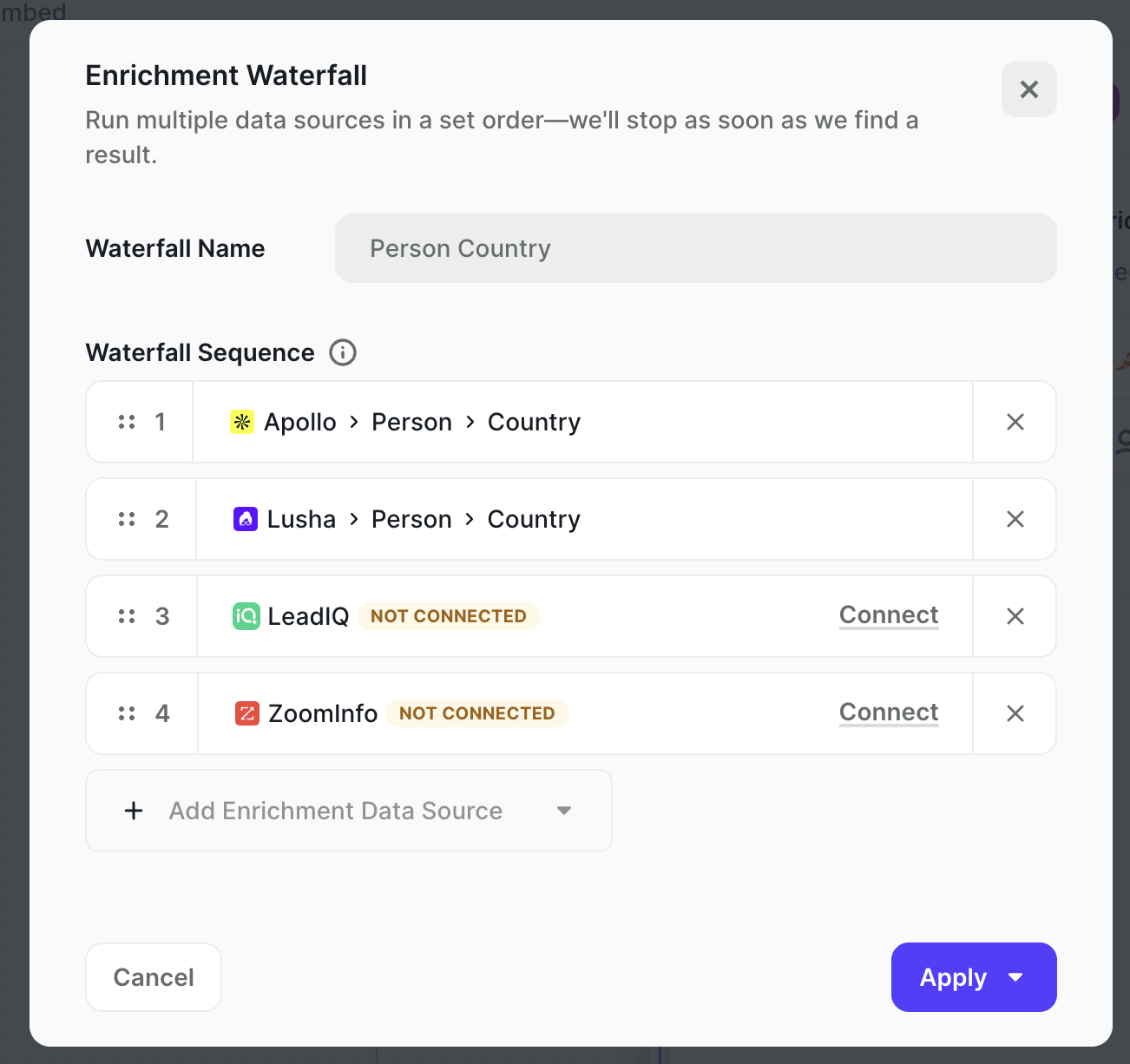 Enrichment Waterfall modal with four providers in sequence