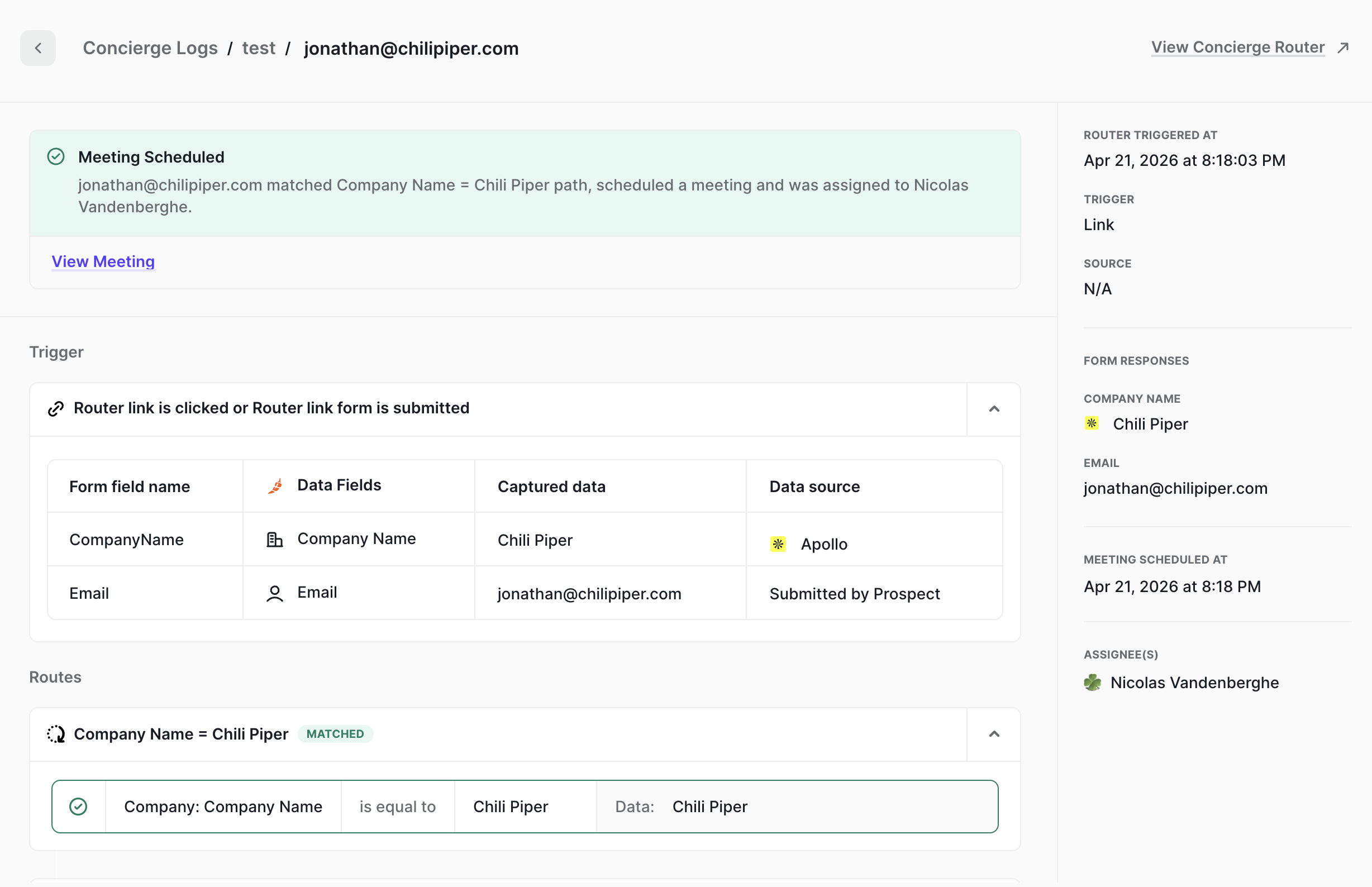 Router Link trigger with Apollo enrichment and meeting scheduled