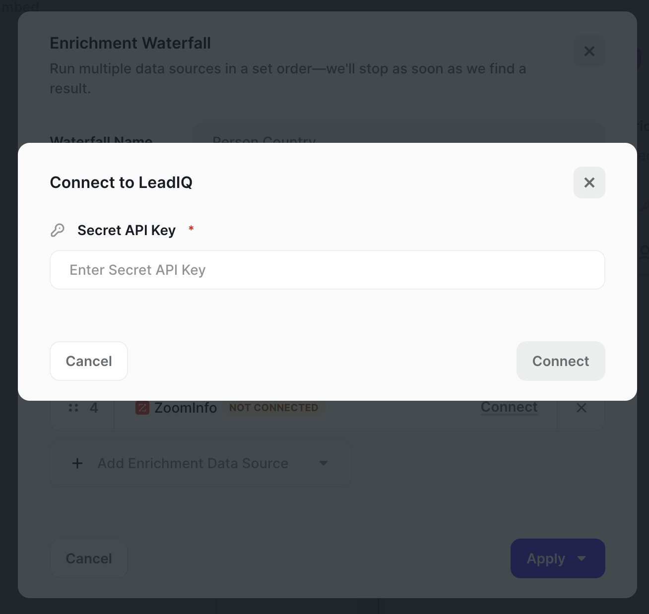Connect to LeadIQ modal with Secret API Key field