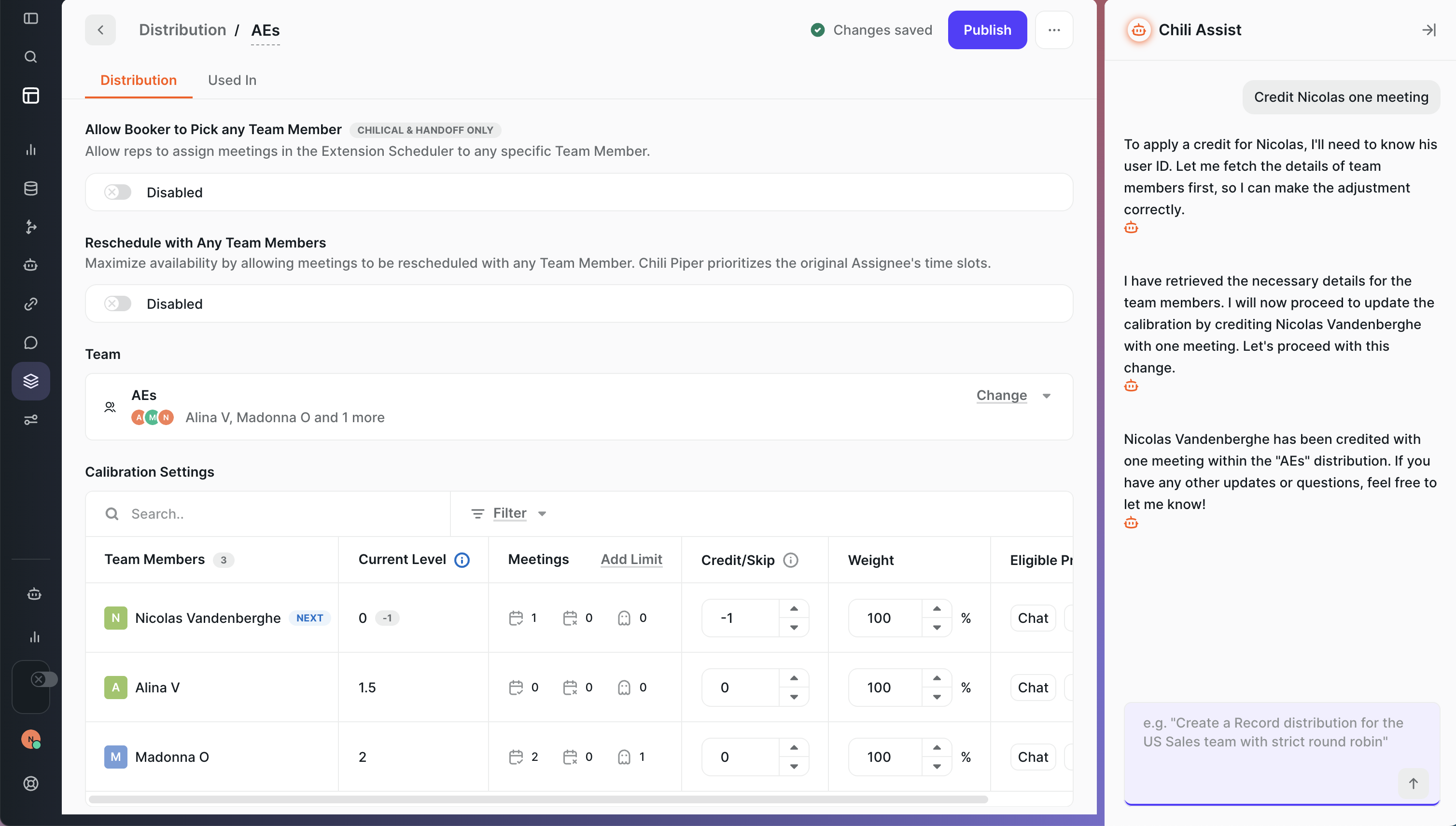 Chili Assist applying a Credit on a Distribution, moving the credited rep forward in the queue