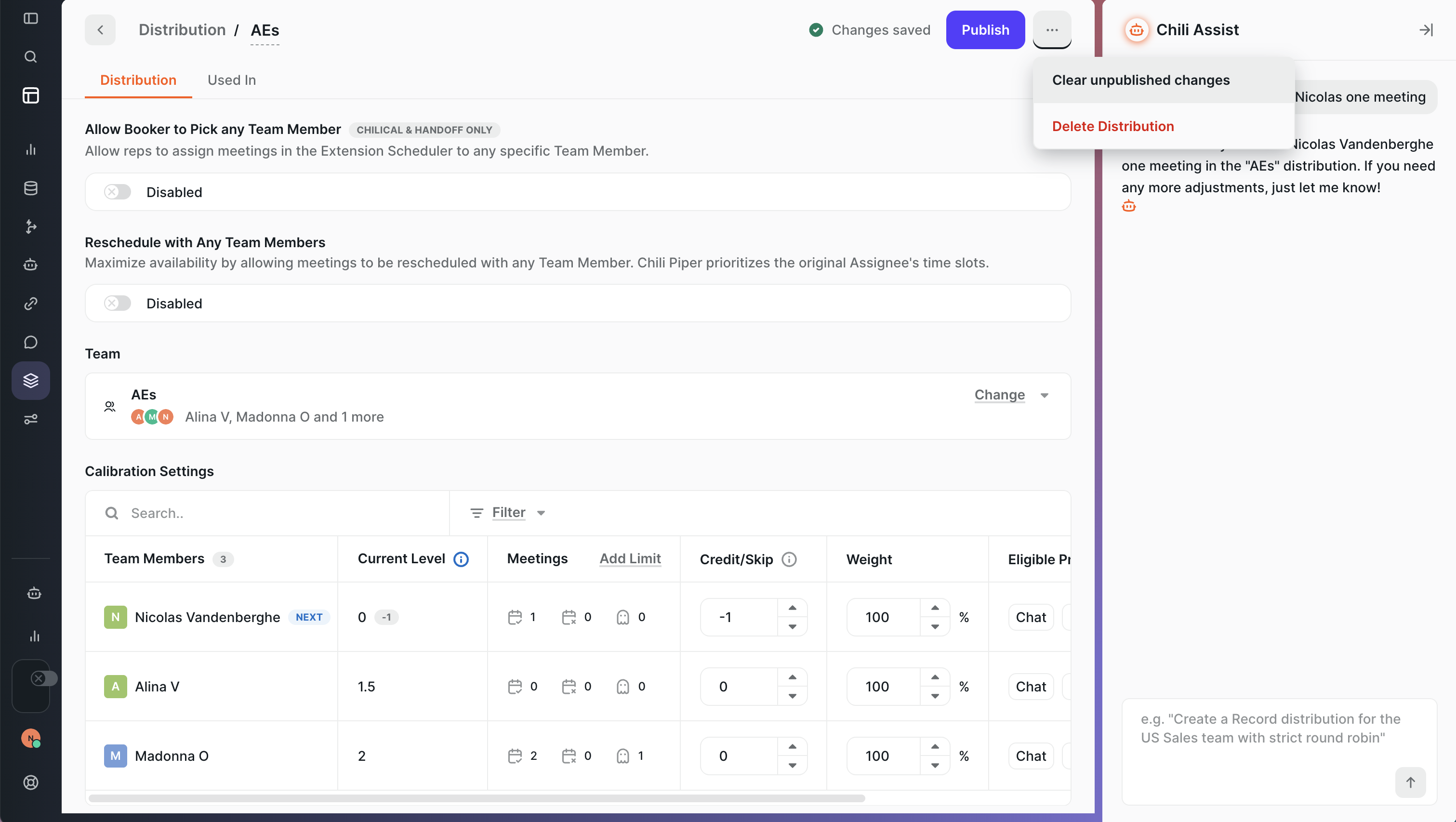 Publish button and Clear unpublished changes menu