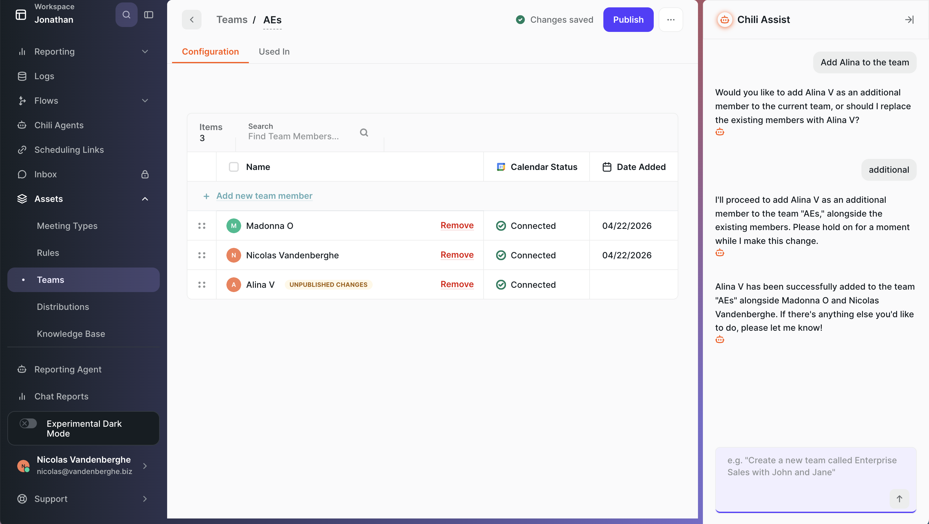 Chili Assist adding a member to a team and asking whether to add alongside existing members or replace them