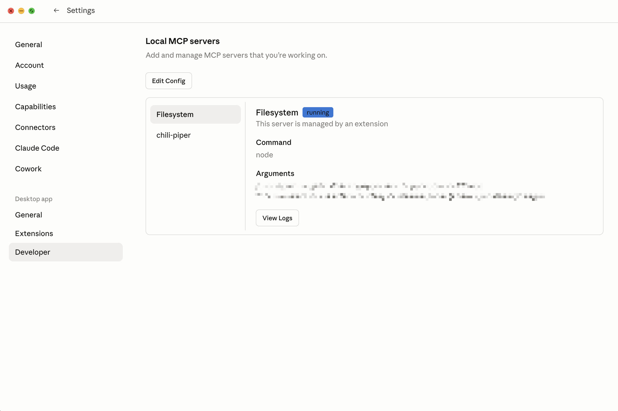 Settings > Developer with Edit Config button