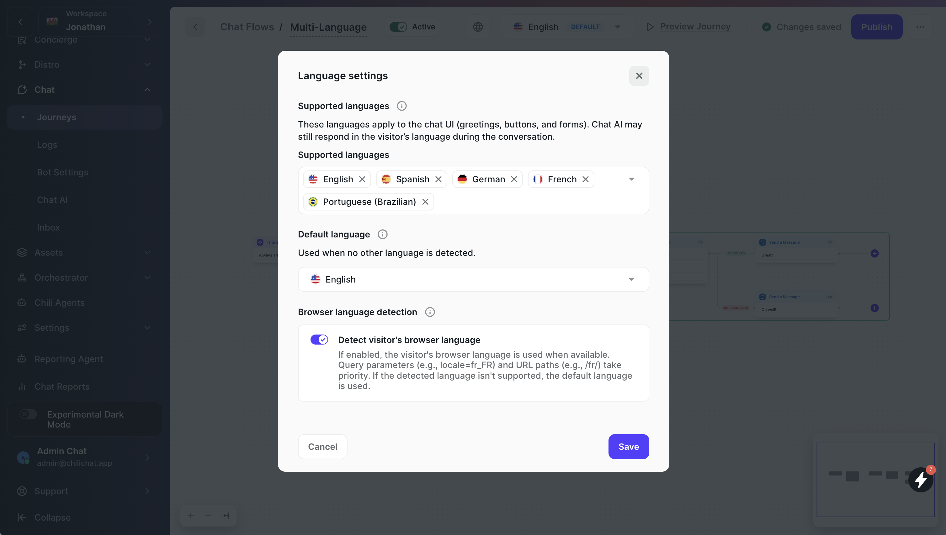 Journey Builder – Language settings modal with supported languages, default, and browser detection