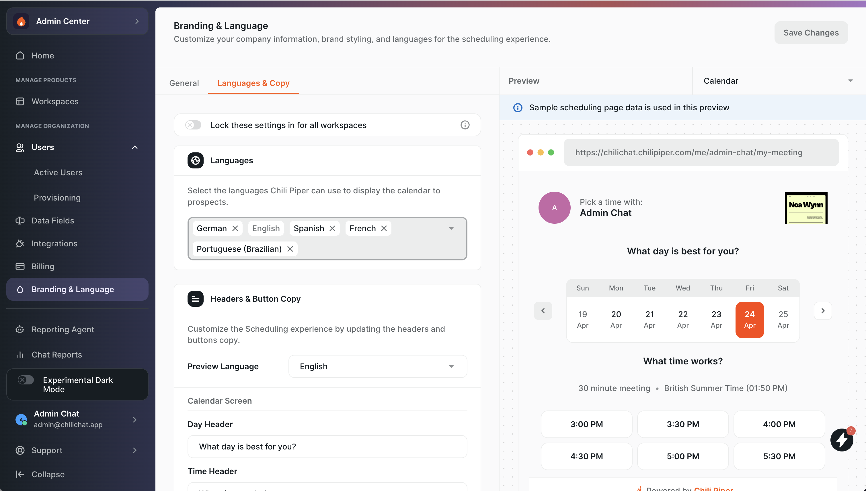Branding & Language – Languages & Copy tab with languages enabled