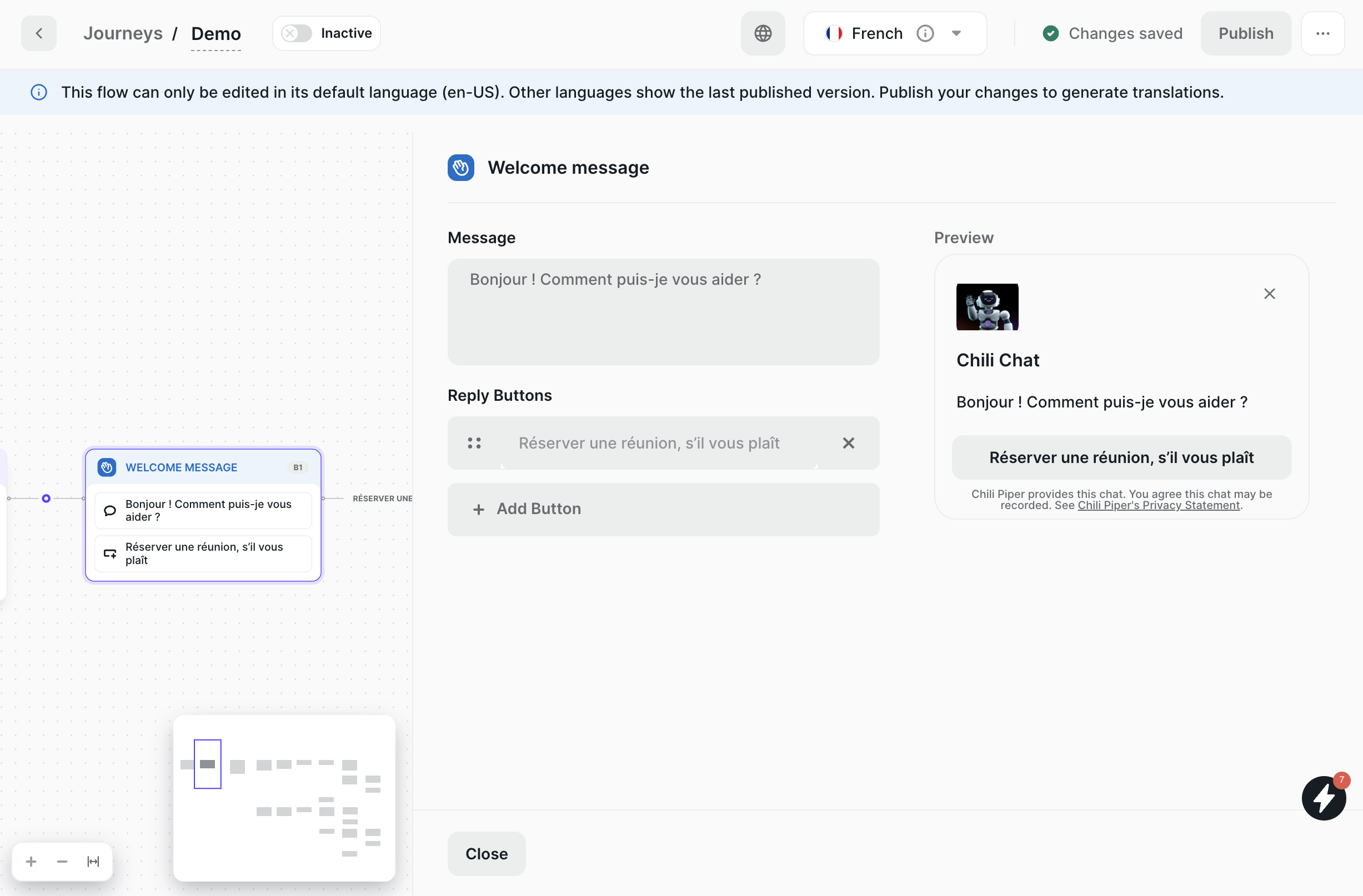 Journey Builder – language dropdown showing French with translated Welcome Message node