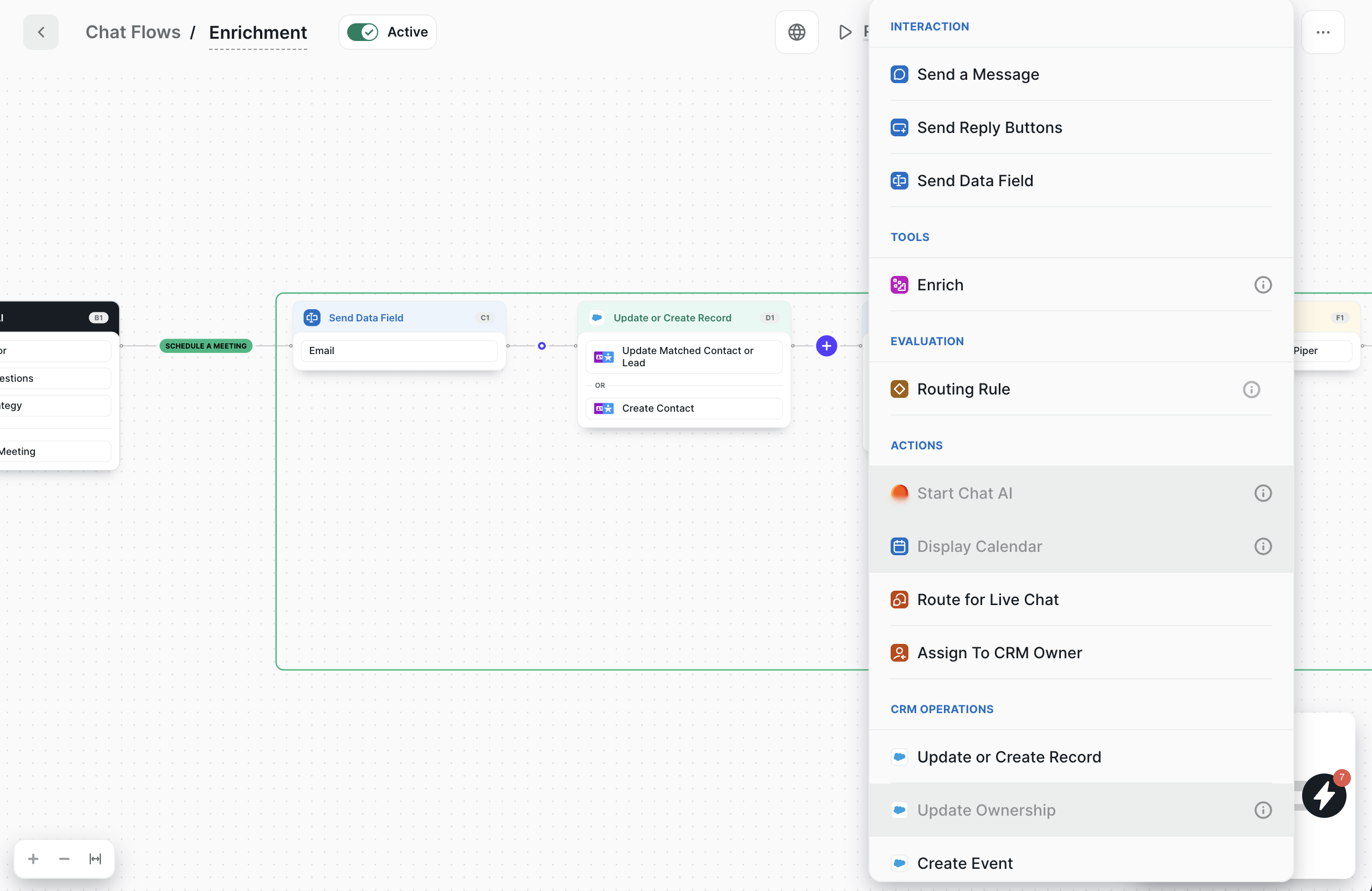Flow Builder palette with Enrich highlighted under Tools