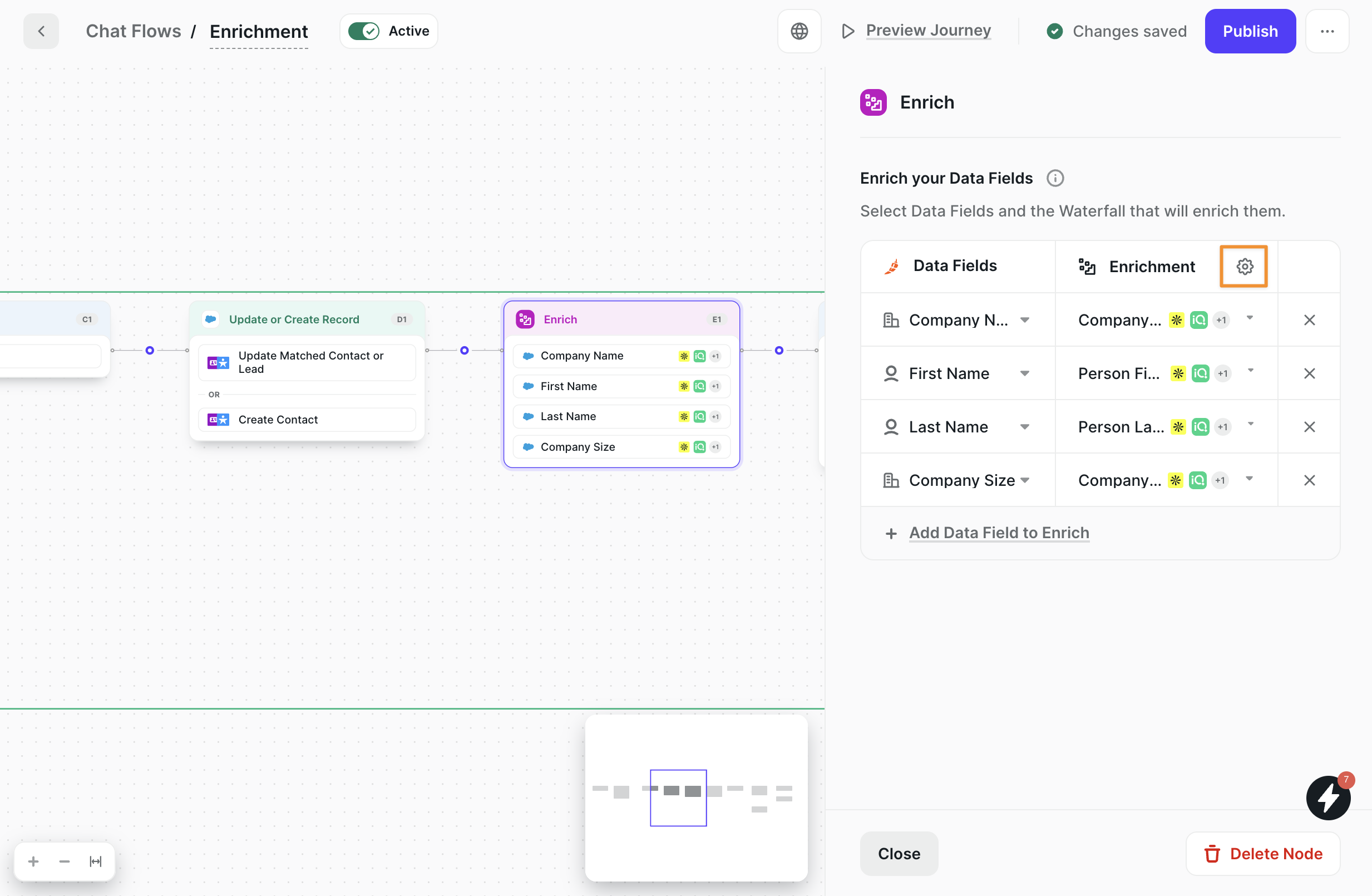 Gear icon next to the Enrichment header opens the timeout modal