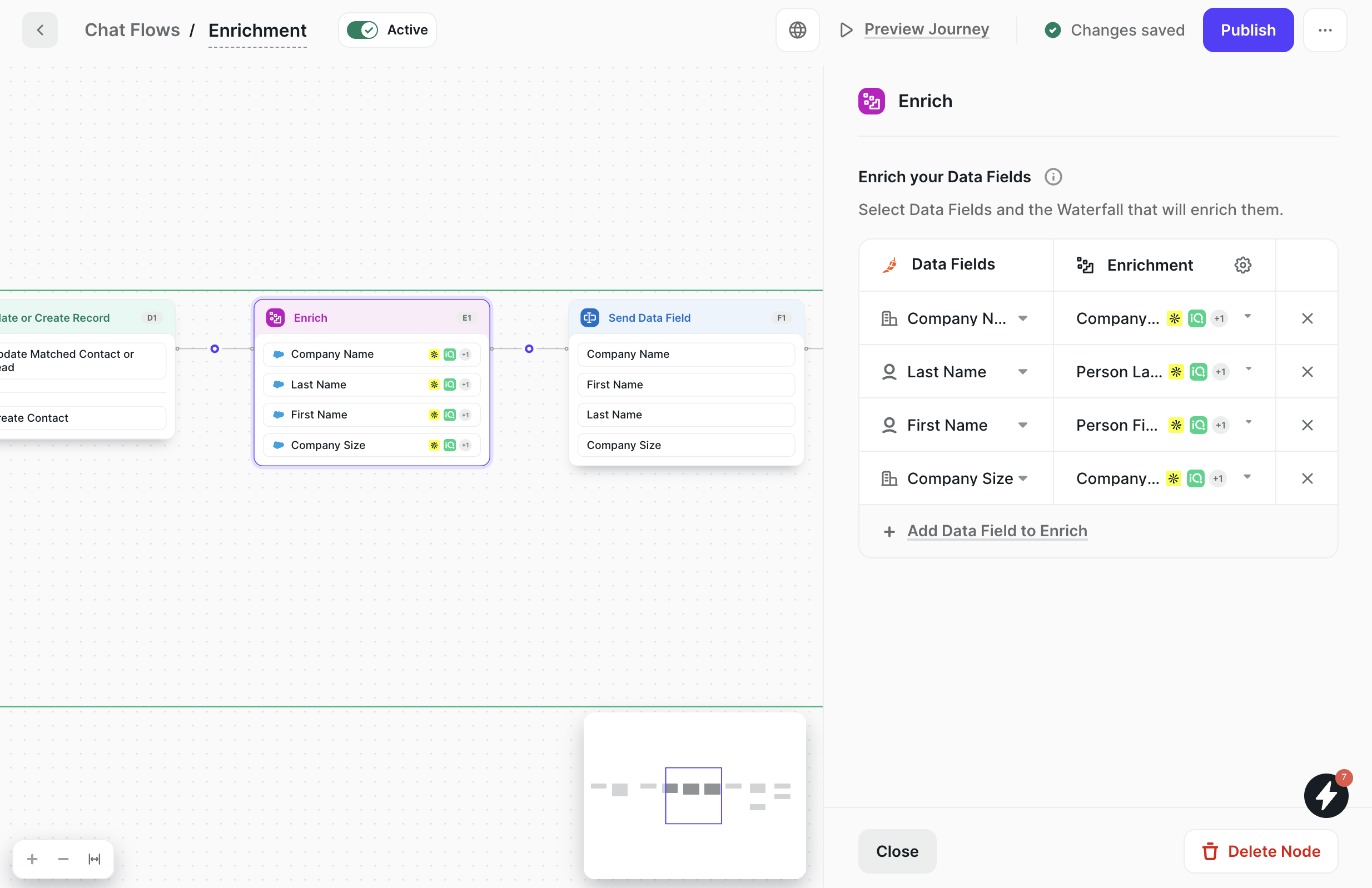Chat Journey with the Enrich node selected and four data fields assigned to waterfalls in the right panel