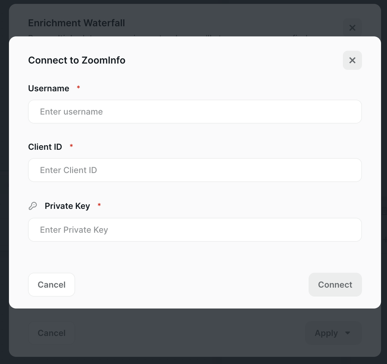 Connect to ZoomInfo modal with Username, Client ID, and Private Key fields