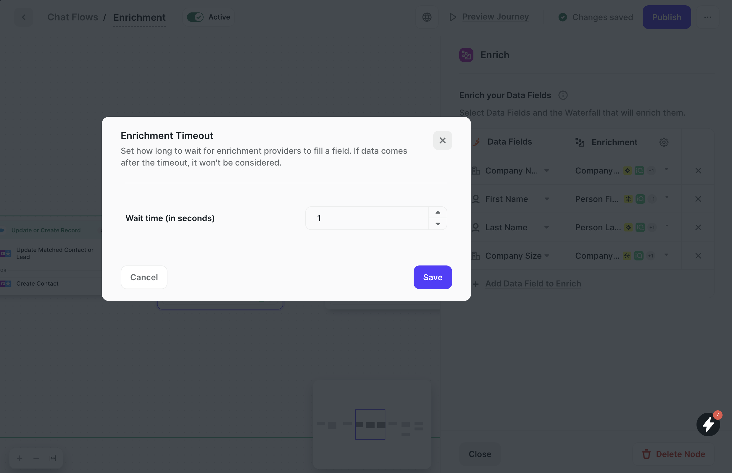 Enrichment Timeout modal in a Chat Journey with Wait time set to 1 second