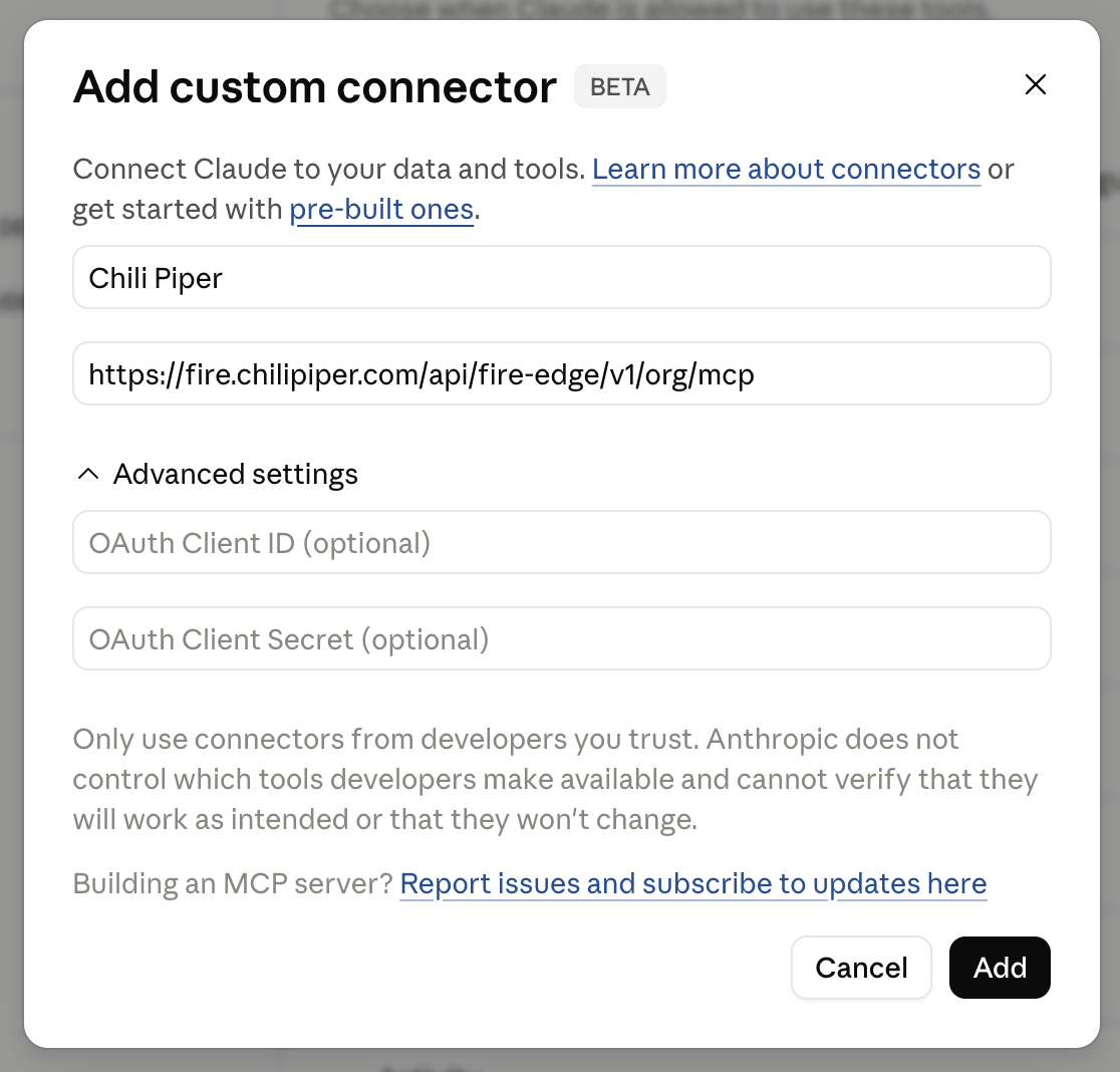 Add custom connector dialog with Chili Piper details