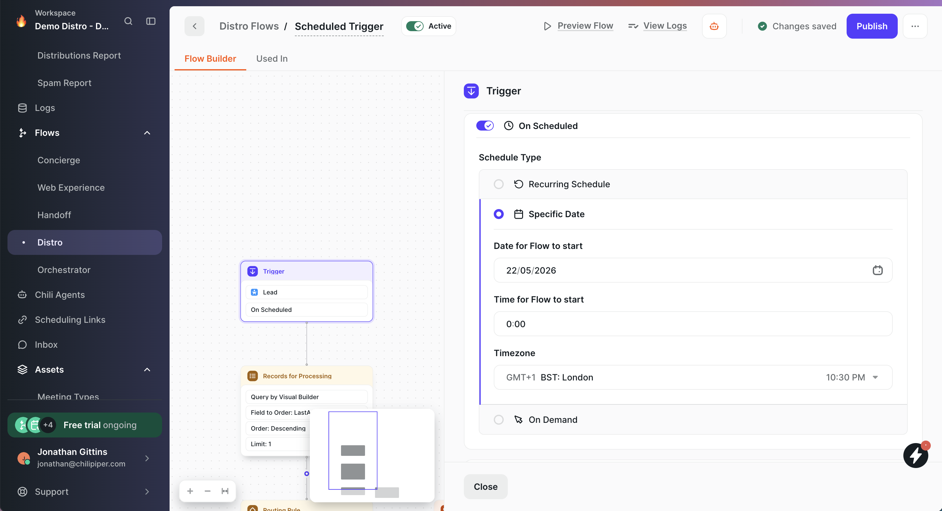 On Scheduled trigger with Schedule Type options