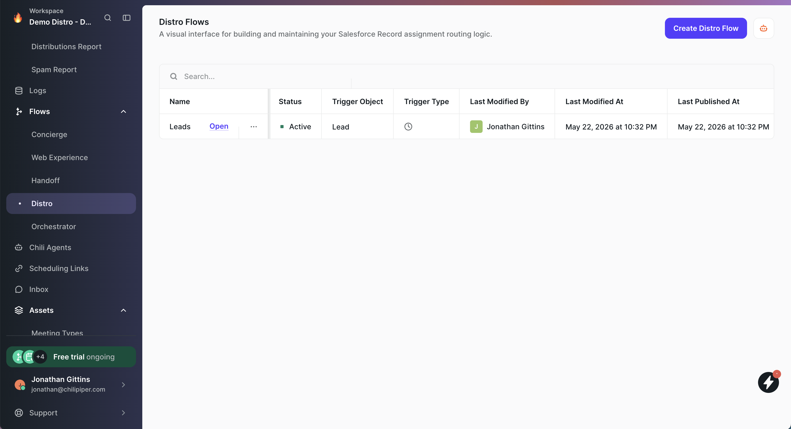 Distro Flows page with Create Distro Flow button