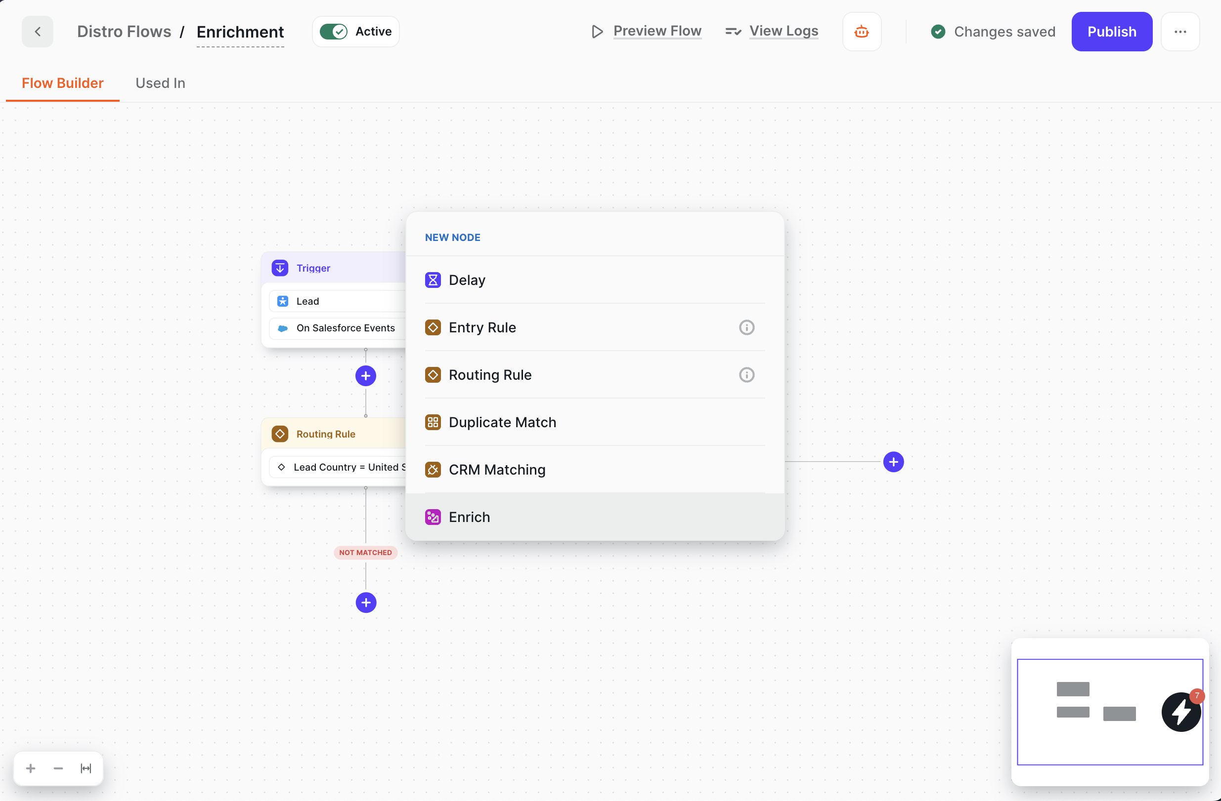 Distro Flow Builder palette with Enrich highlighted
