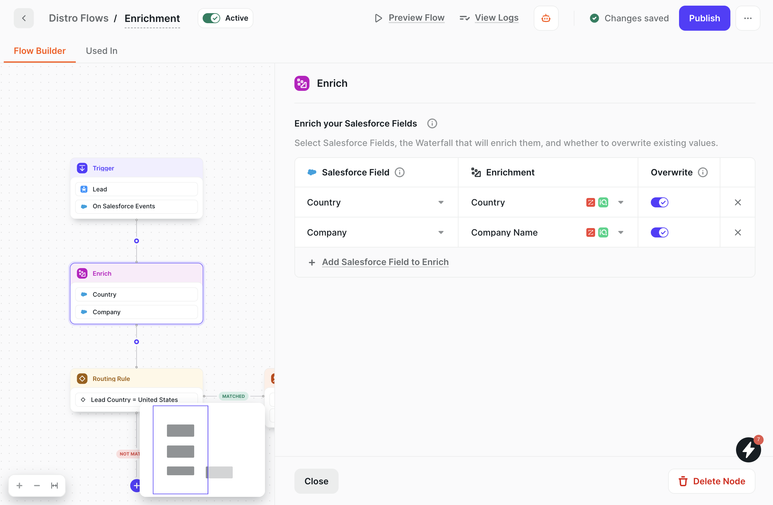 Enrich node configuration panel with two Salesforce fields and their assigned waterfalls