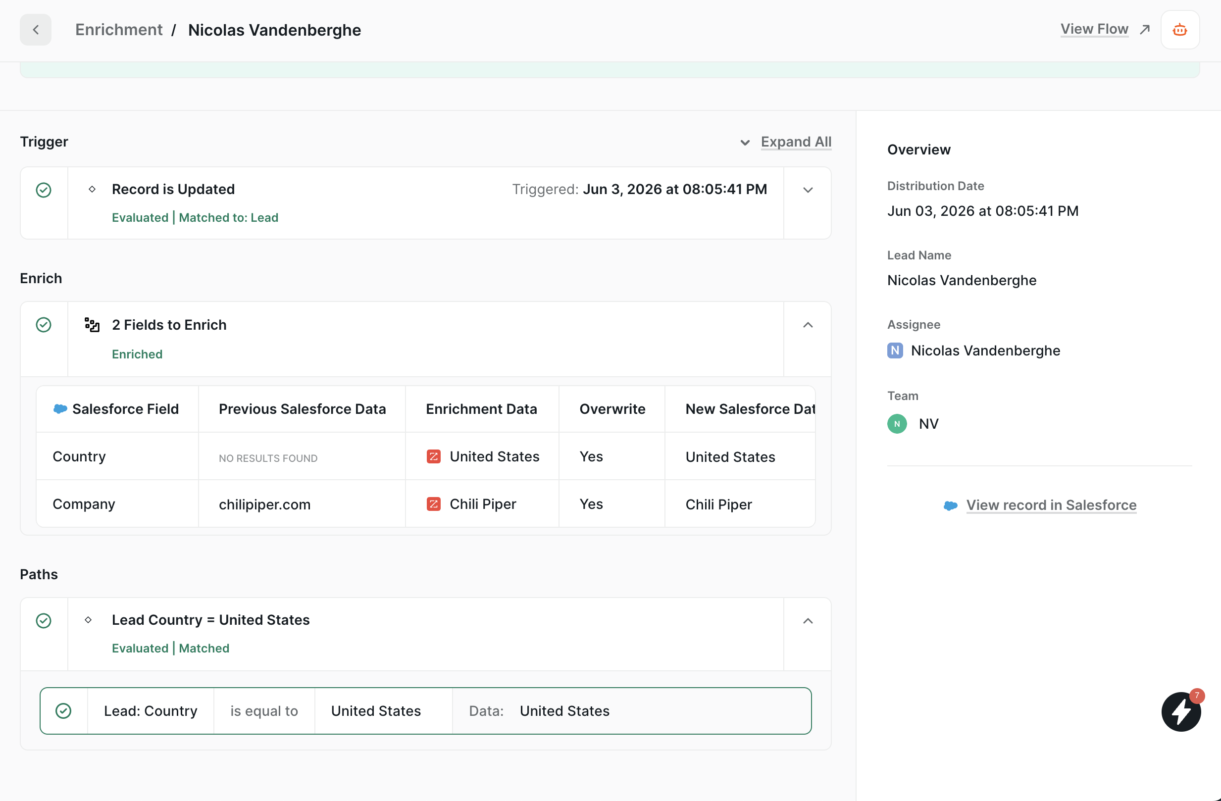 Distro log with the Enrich step expanded showing the field table