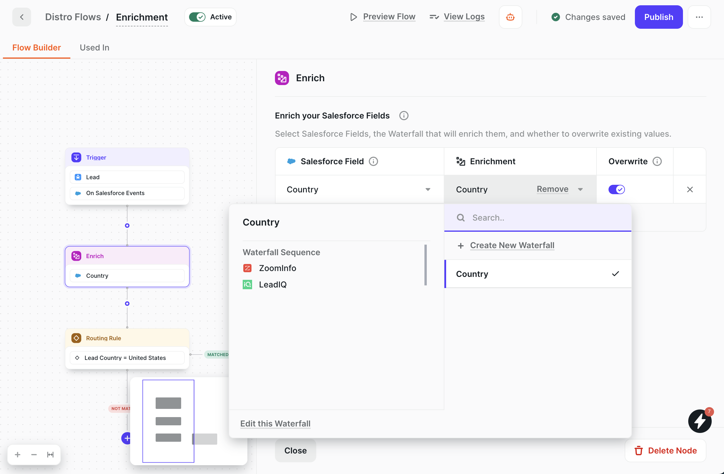 Enrichment waterfall sequence with ZoomInfo and LeadIQ, and the option to create a new waterfall