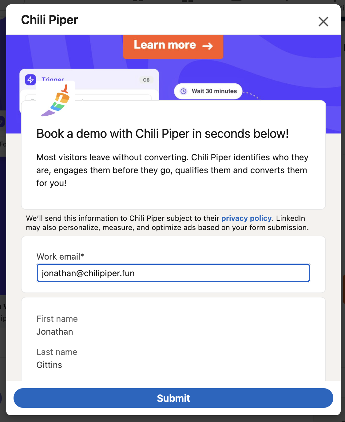 Lead Gen Form pre-filled from the prospect's profile