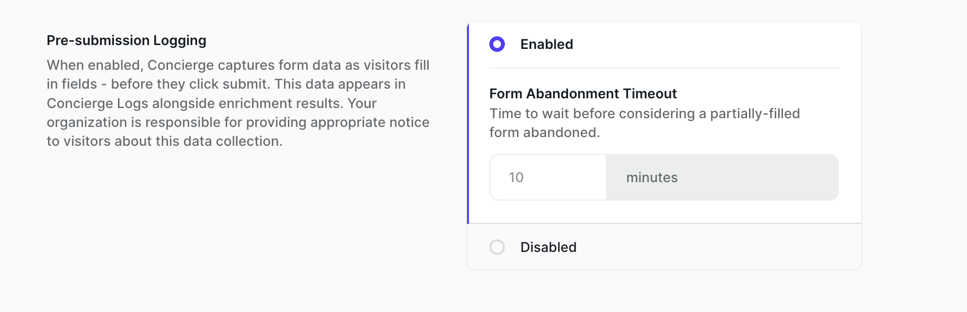 Pre-submission Logging setting with Enabled selected and the Form Abandonment Timeout field