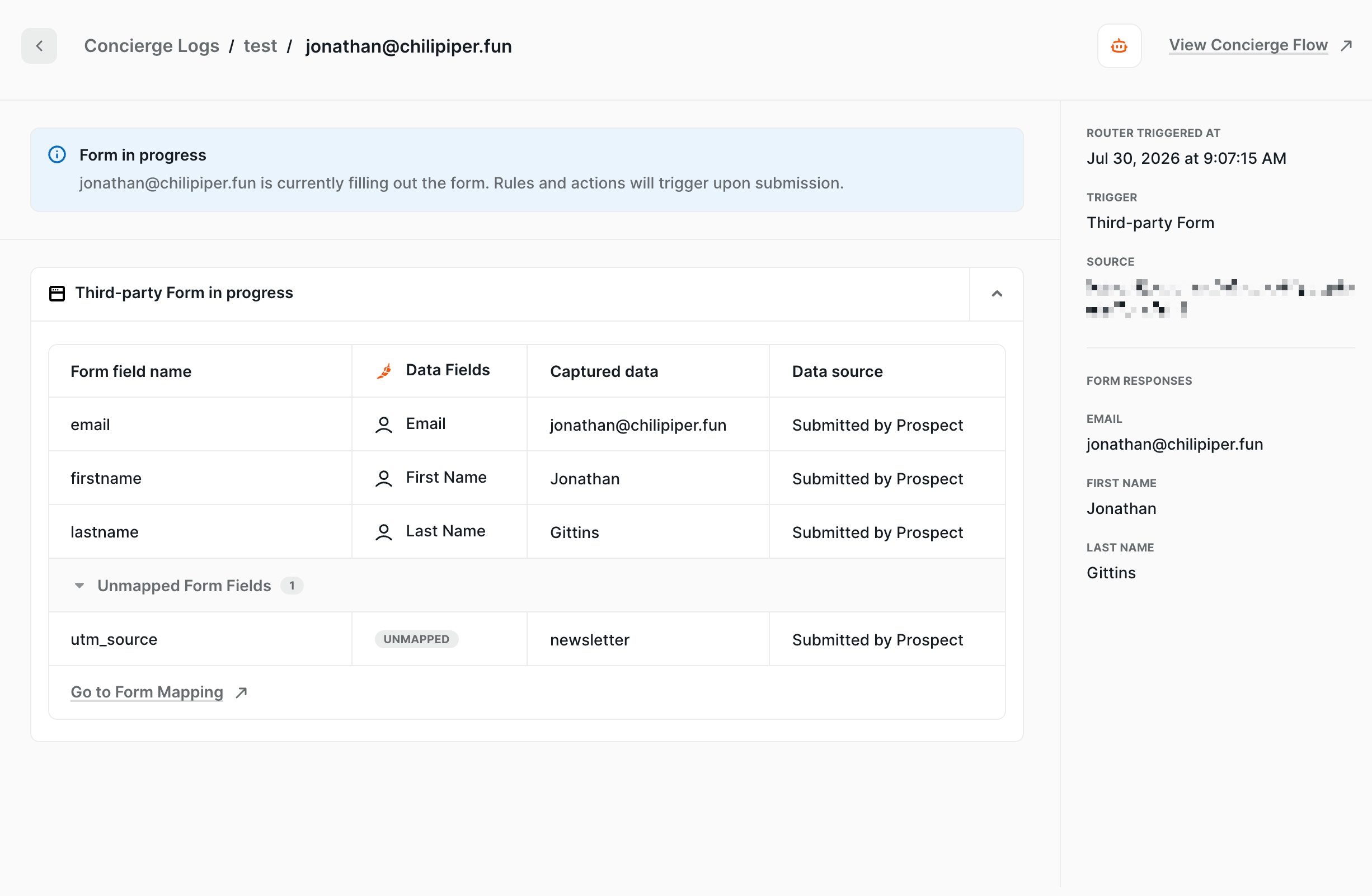 Concierge Logs entry for a form in progress, showing mapped fields and an unmapped field