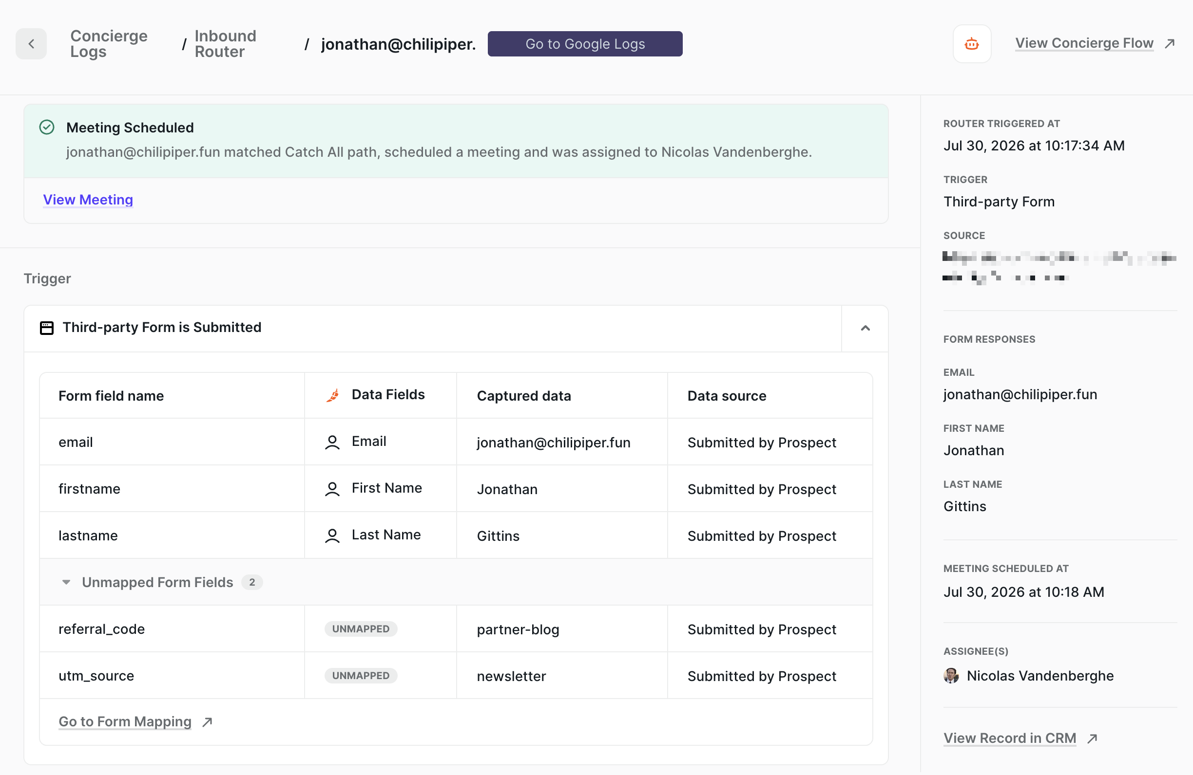Concierge log showing three mapped fields and an expanded Unmapped Form Fields group