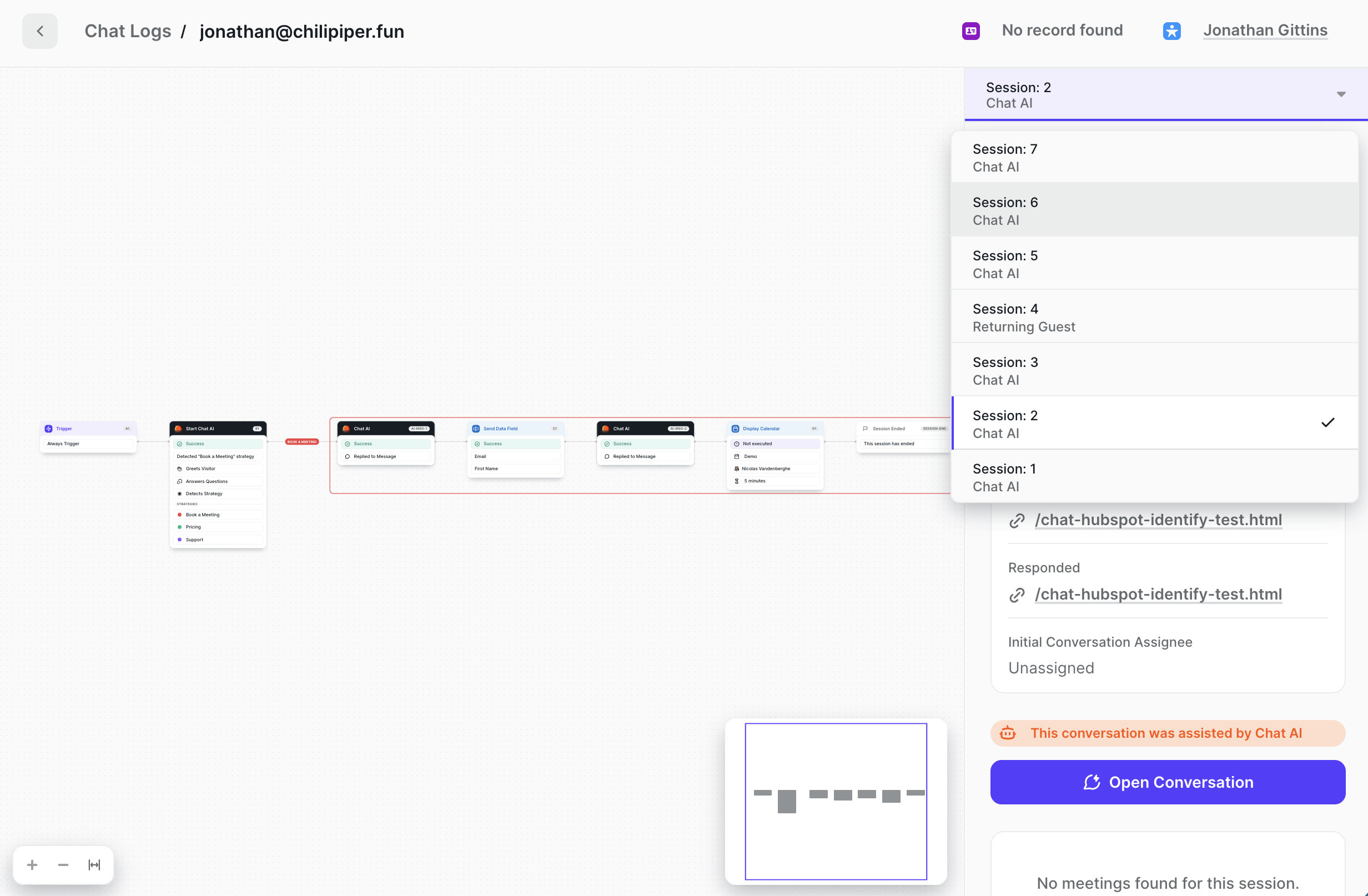 Chat Logs Session picker listing multiple sessions for the same visitor