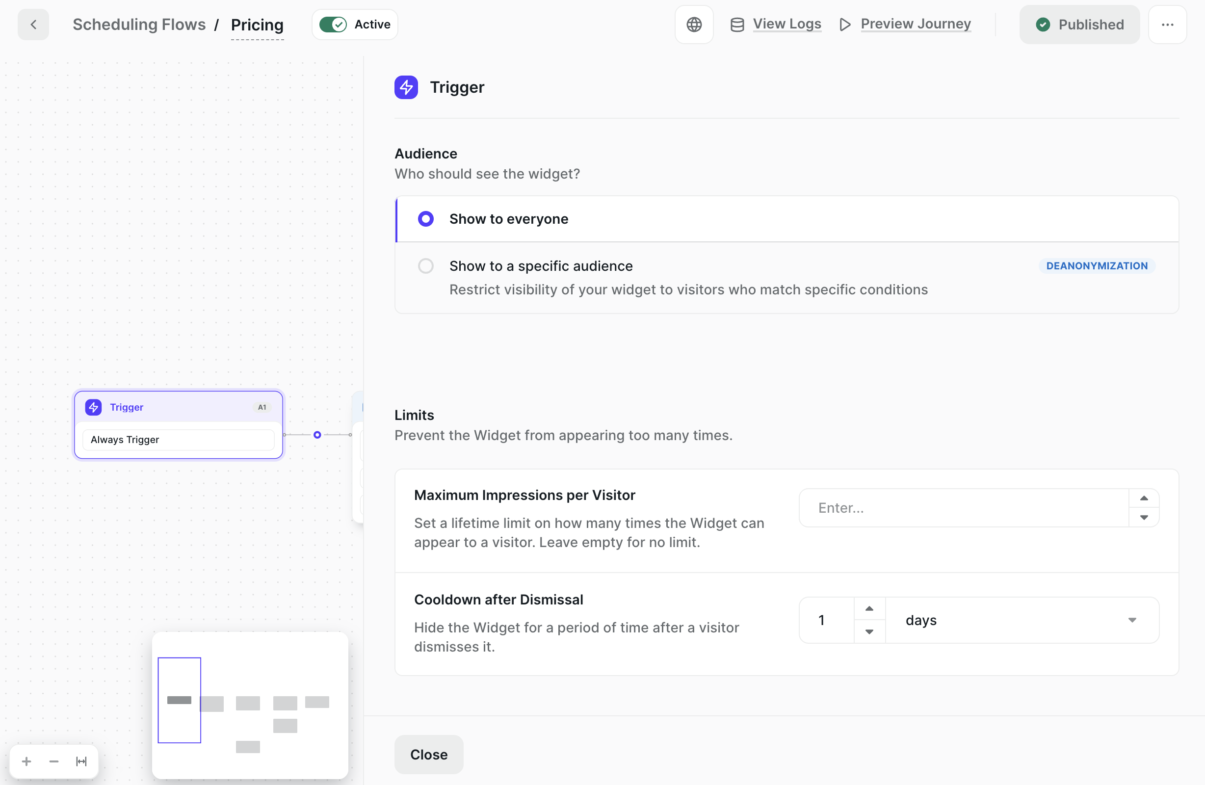 Frequency settings in the Trigger node – Max impressions per visitor and Cooldown