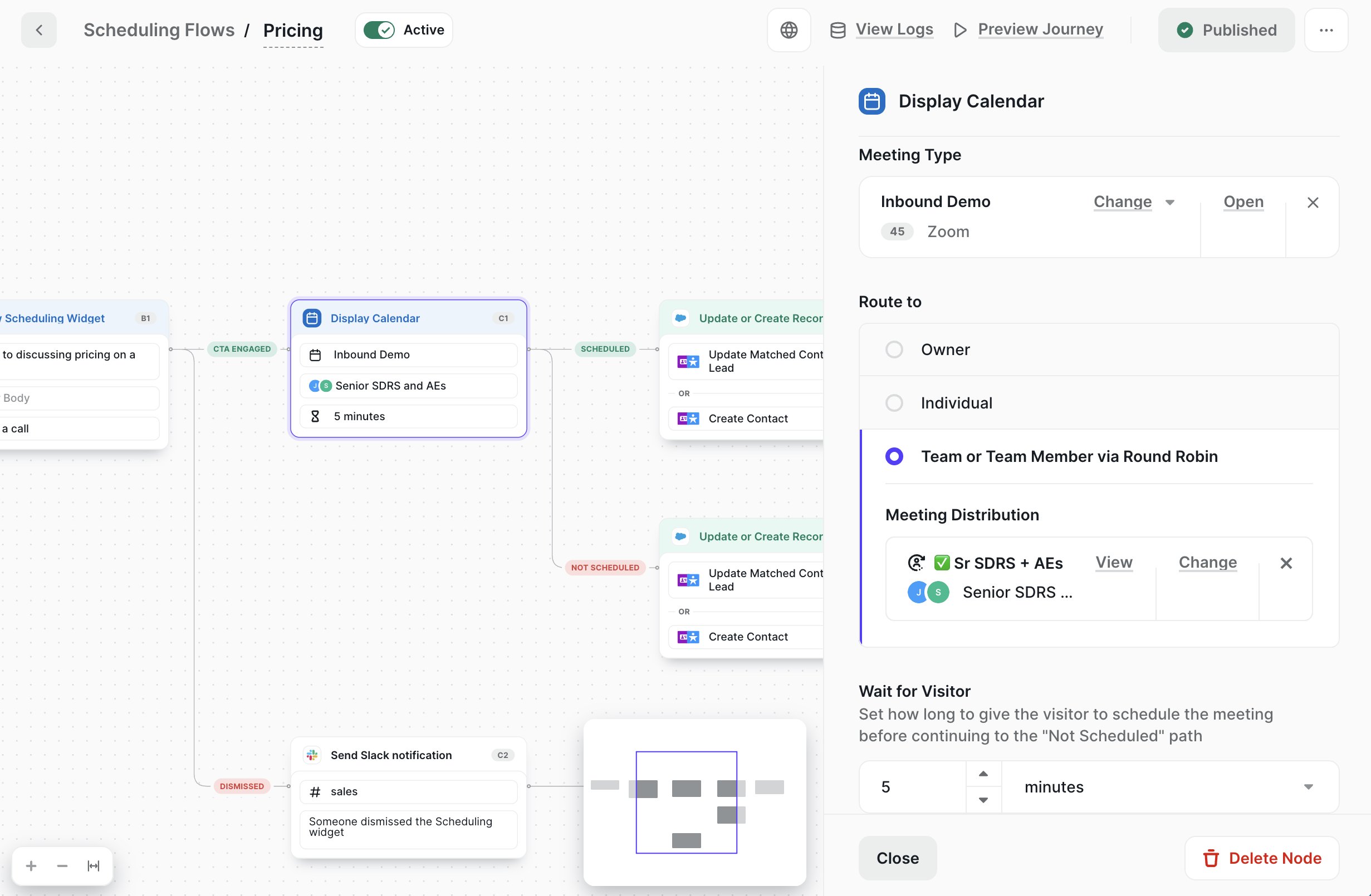 The Display Calendar node – Meeting Type, Route to, and Wait for Visitor