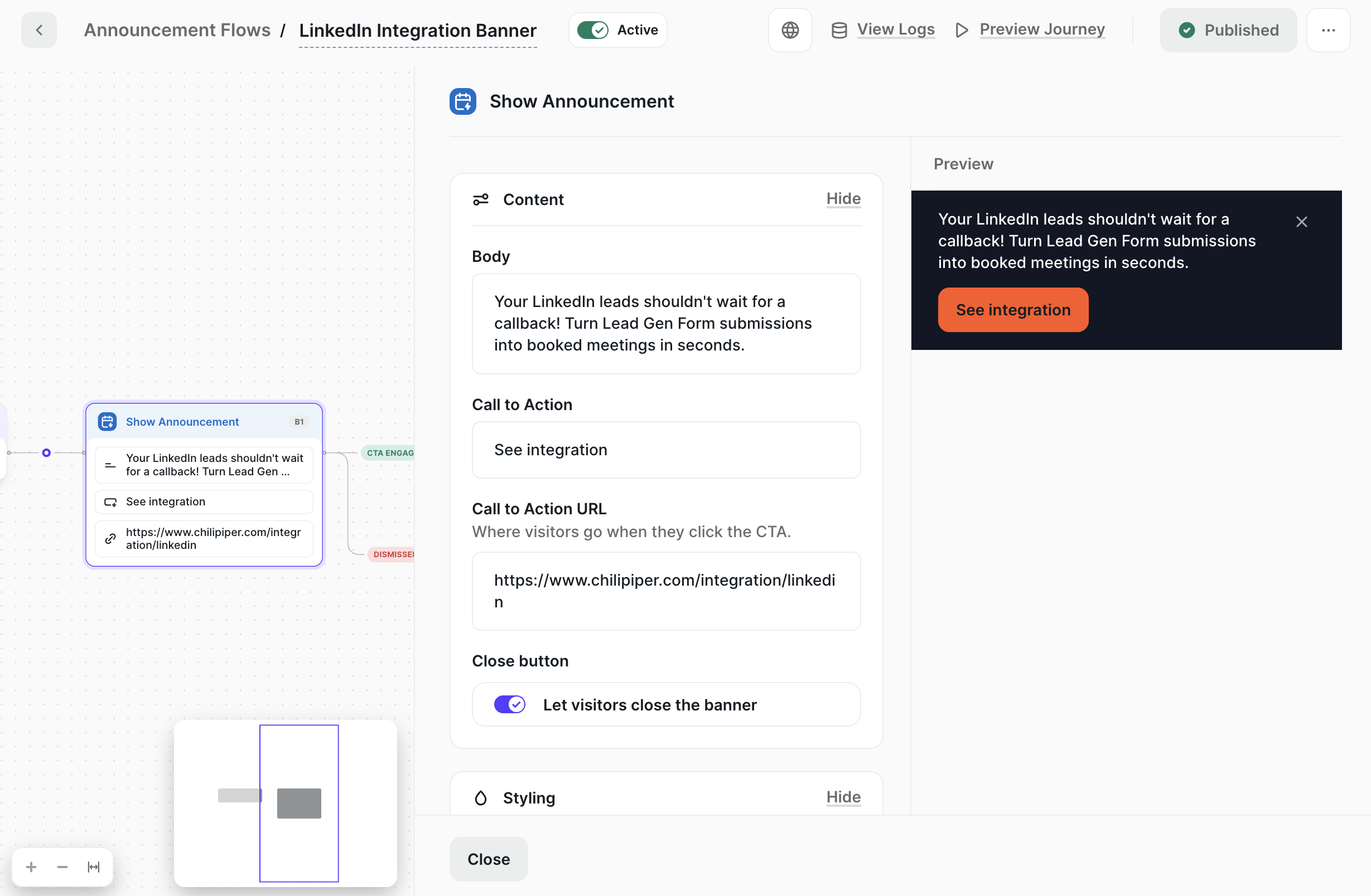 The Show Announcement node – Body, Call to Action, Call to Action URL, and the Close button toggle