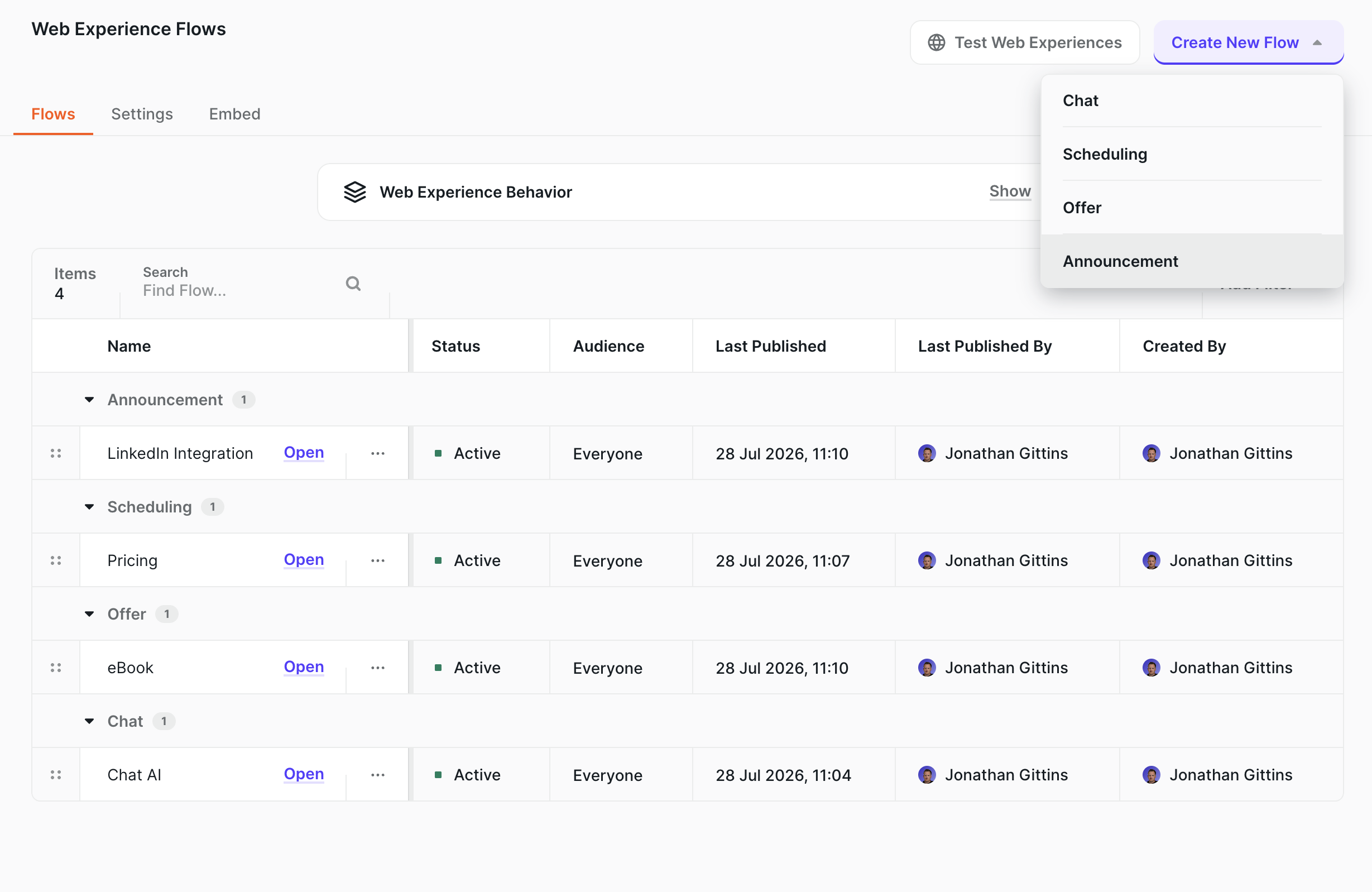 Web Experience Flows list with the Create New Flow menu open