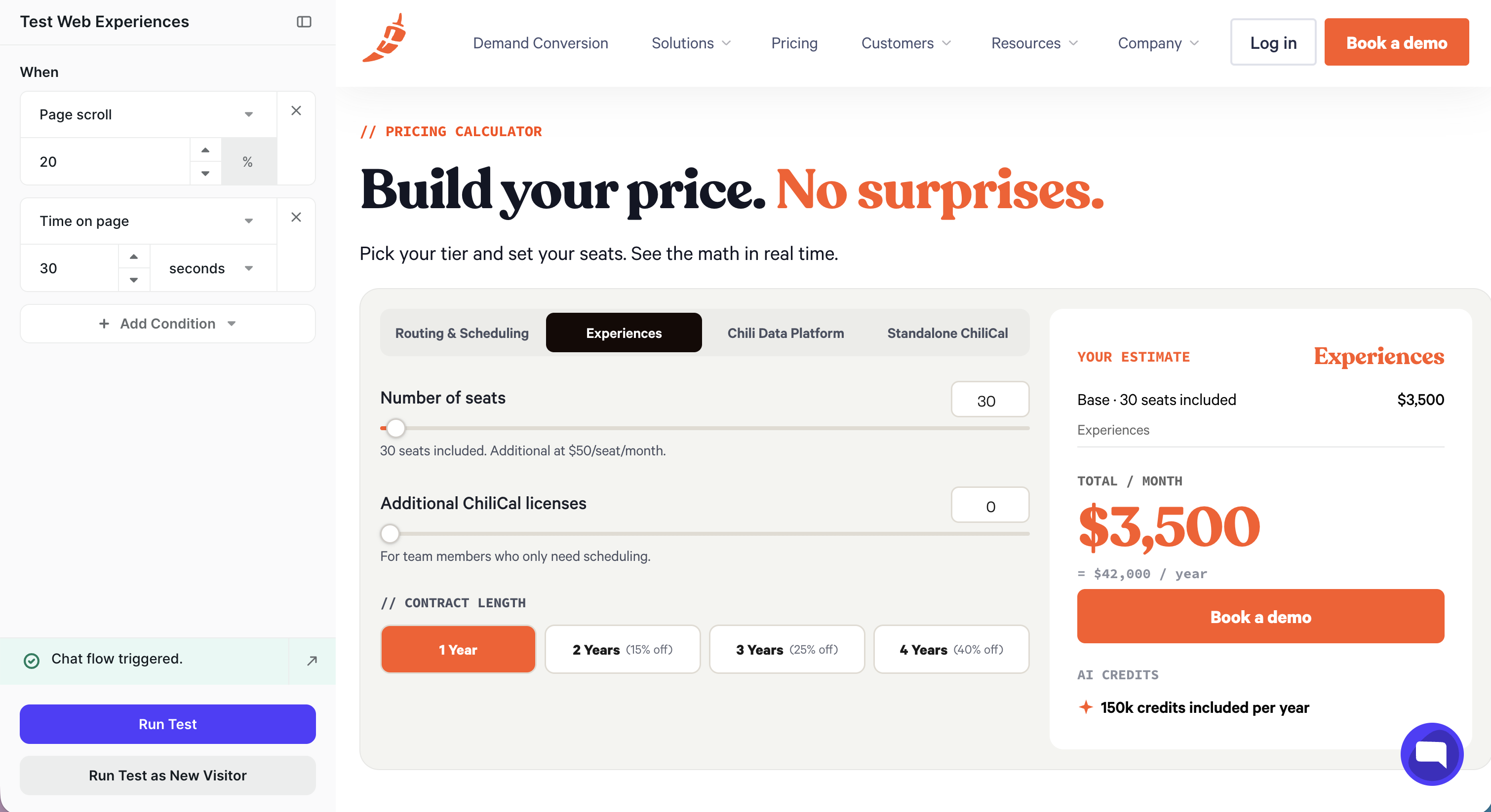 Test Web Experiences panel simulating conditions on a live page