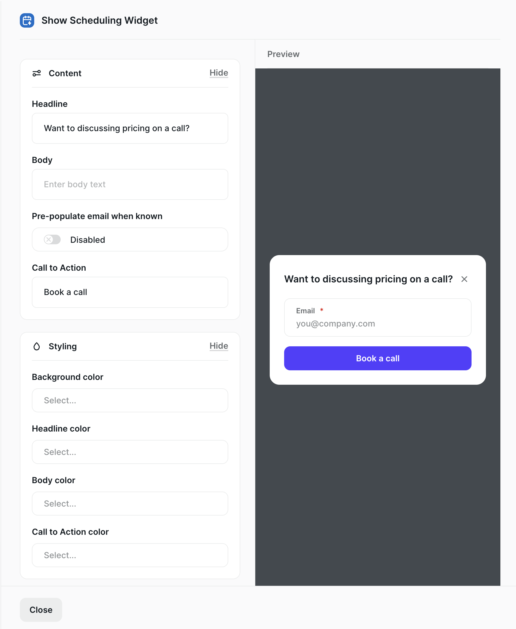 The Show Scheduling Widget node, with a live preview of the card