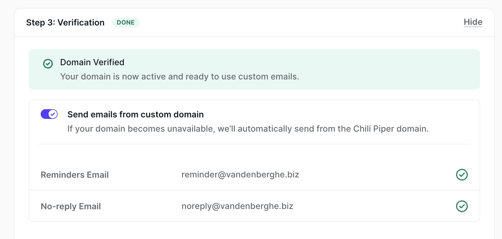 Addresses shown once a custom domain is verified