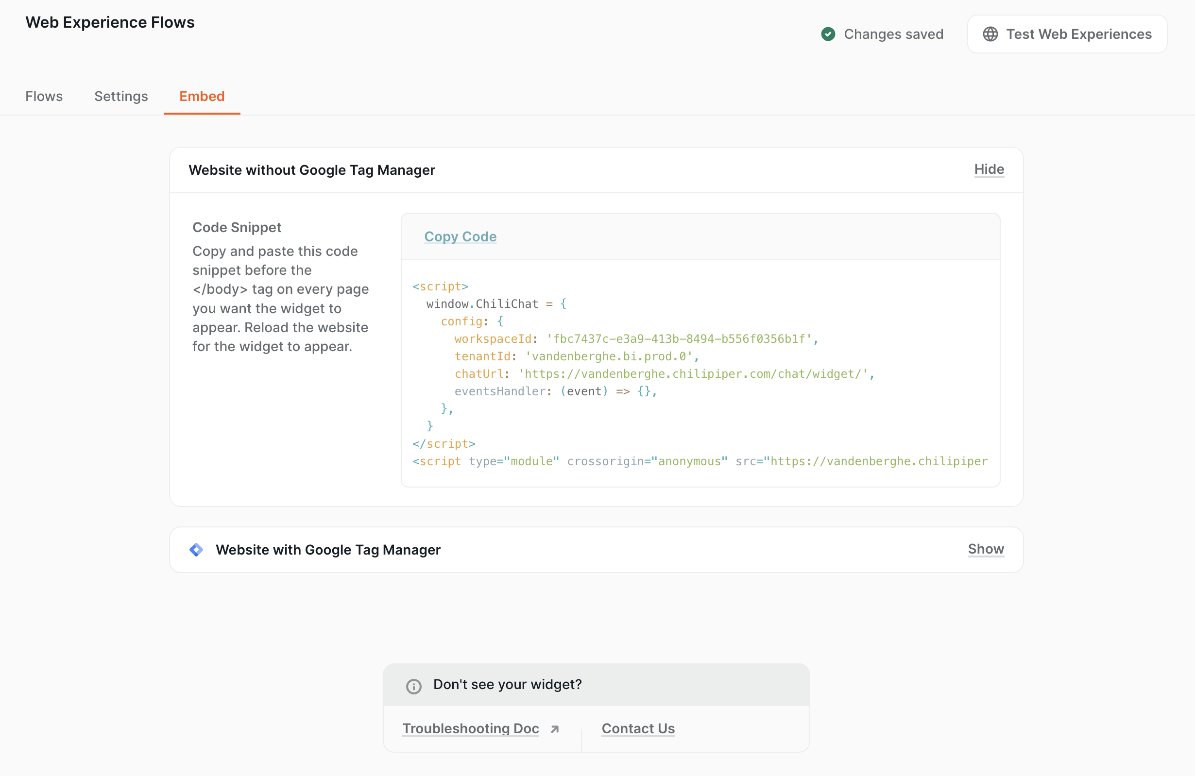 Web Experience Flows Embed tab showing the install snippet