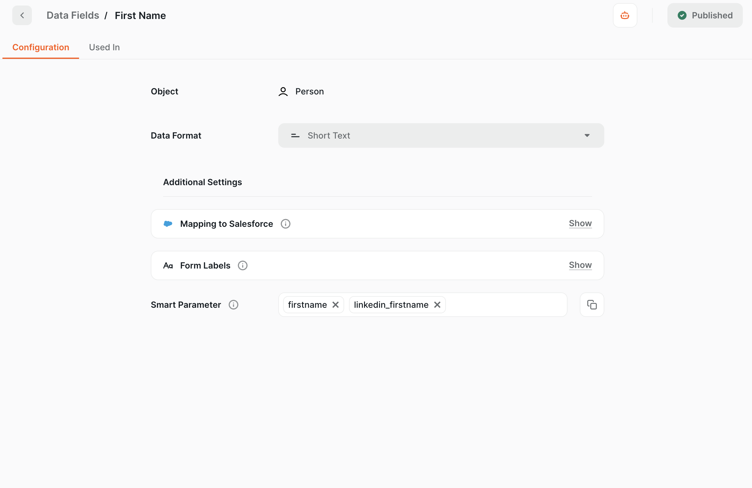 Data field configuration with the Smart Parameter field filled in