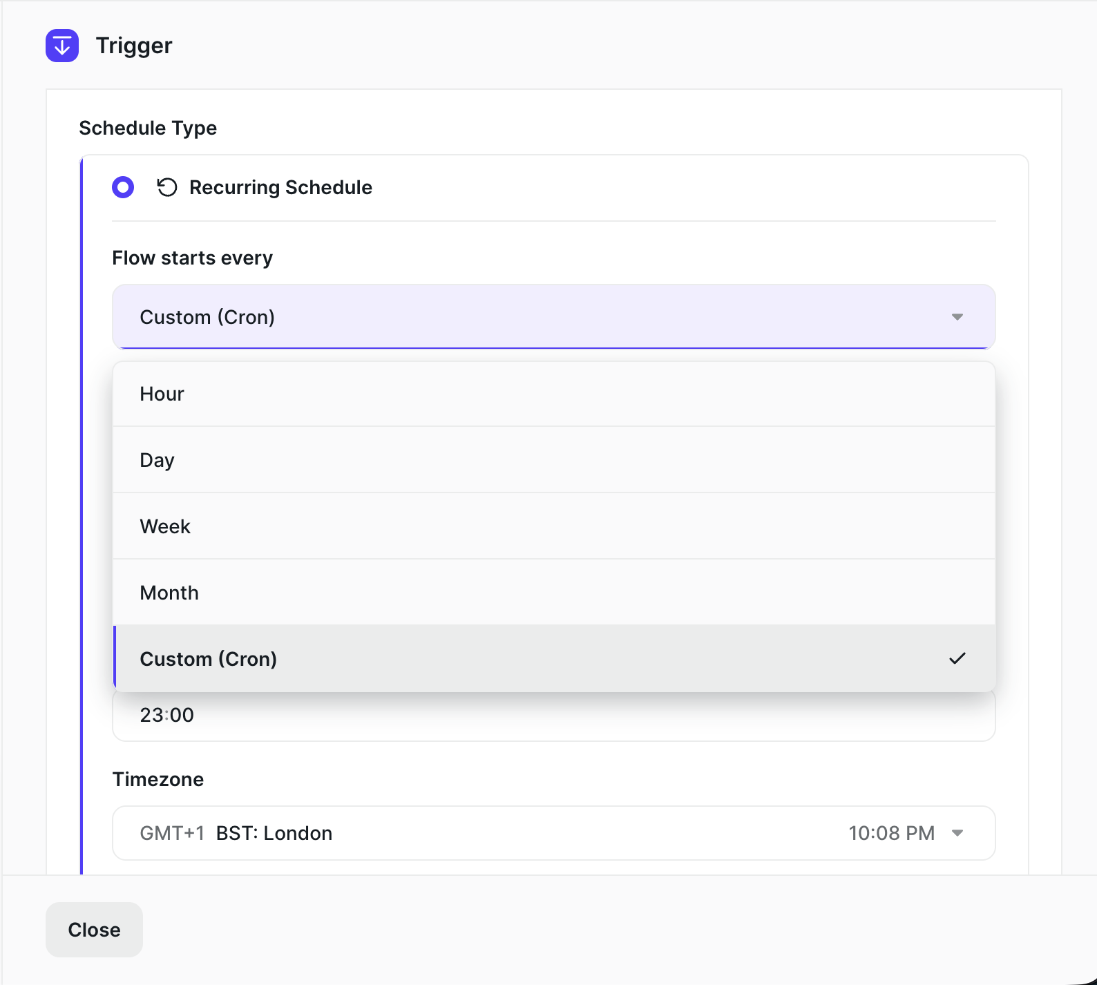 The Flow starts every dropdown, open, showing all five cadence options