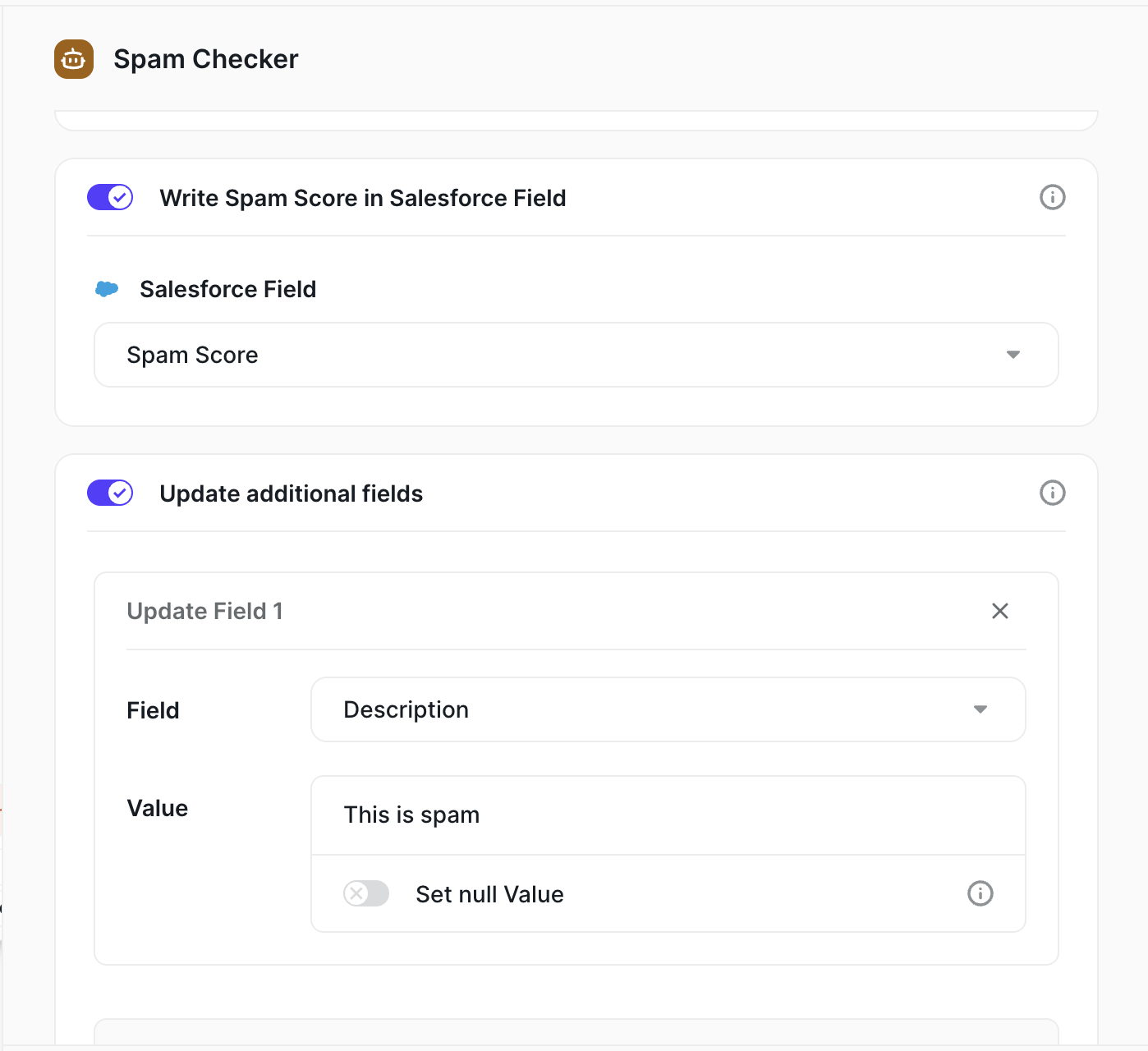 The Salesforce write options on the Spam Checker node