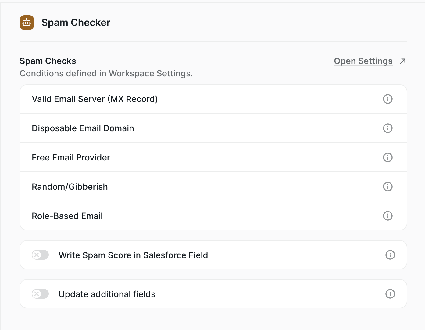 The Spam Checker node panel
