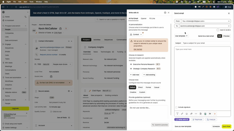 Inserting suggested times into an Apollo email