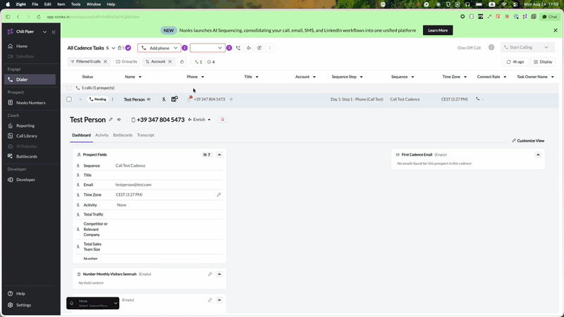 Booking a meeting from the Nooks dialer