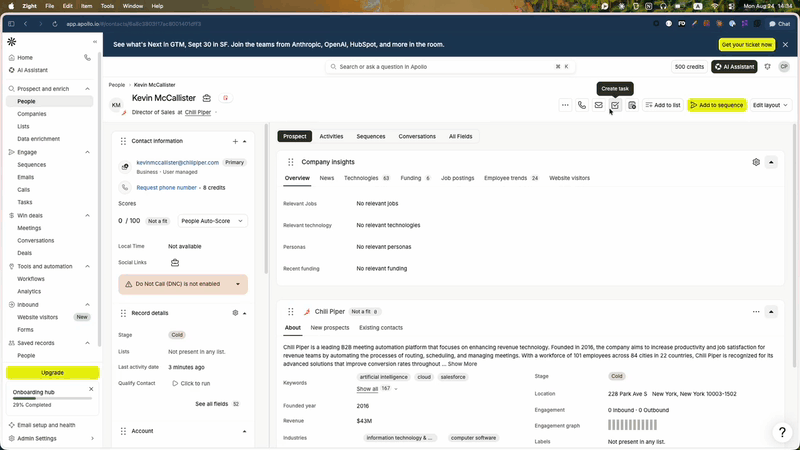 Booking a meeting from an Apollo contact record