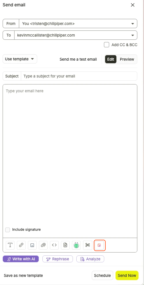 ChiliCal icon in the Apollo Send email toolbar