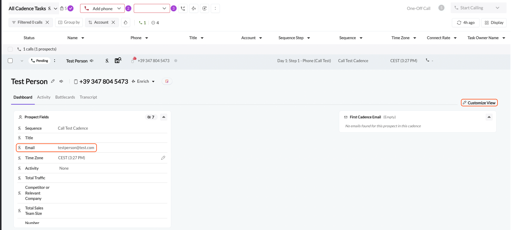 Customize View and the Email row in the Nooks Prospect Fields card
