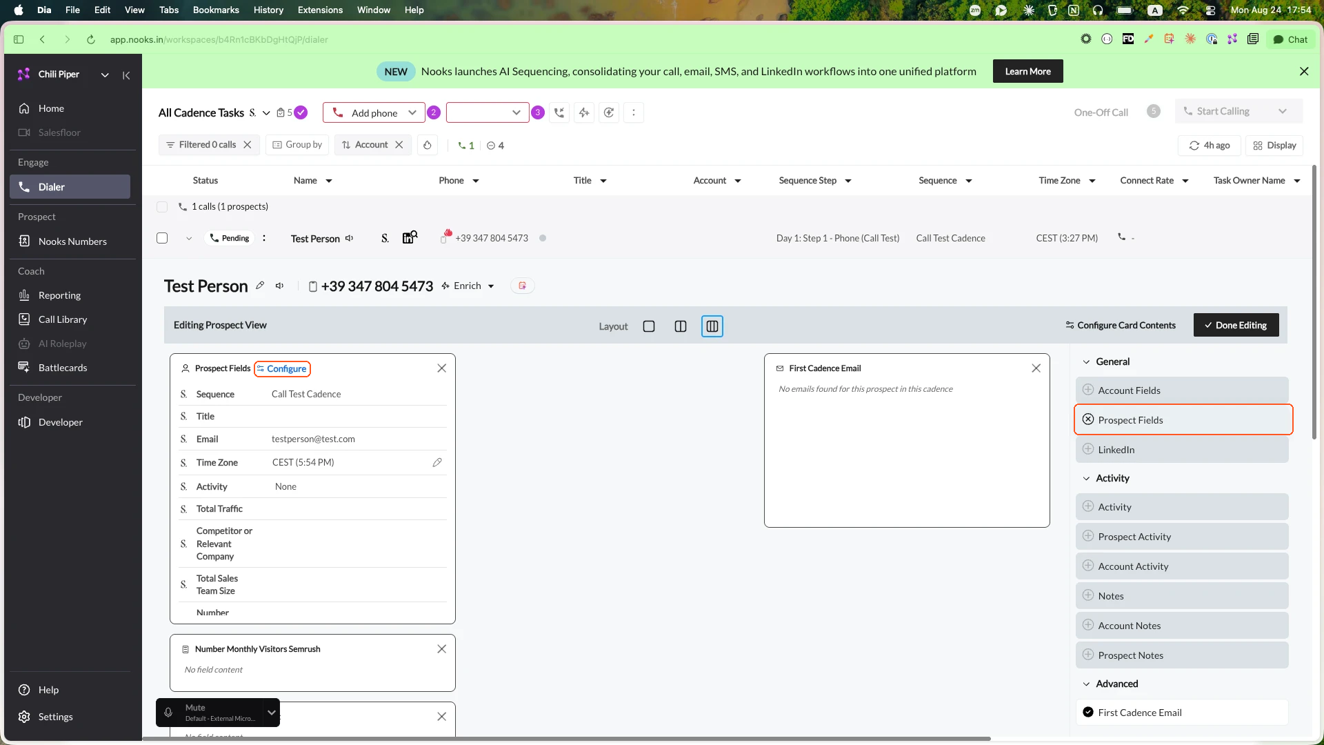 Prospect Fields in the card list, and Configure on the card